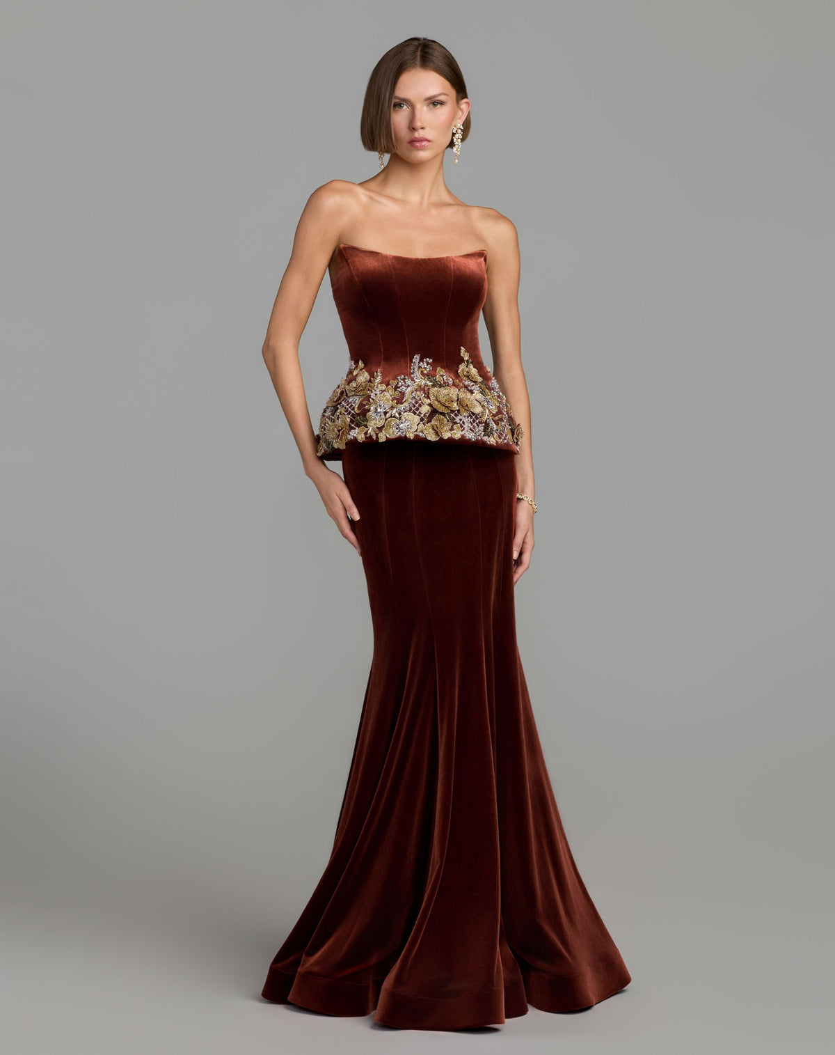 Dark Orange Strapless Embellished Velvet Peplum Gown - Mac Duggal