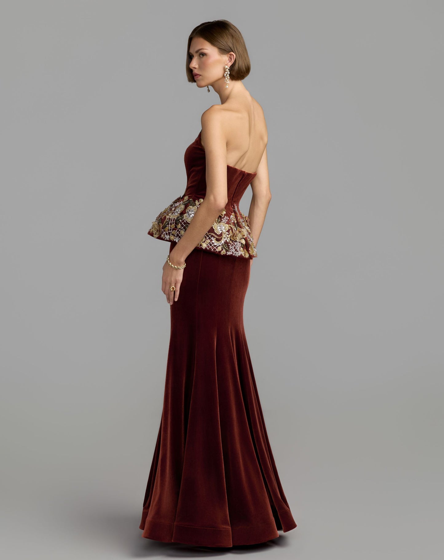 Dark Orange Strapless Embellished Velvet Peplum Gown - Mac Duggal