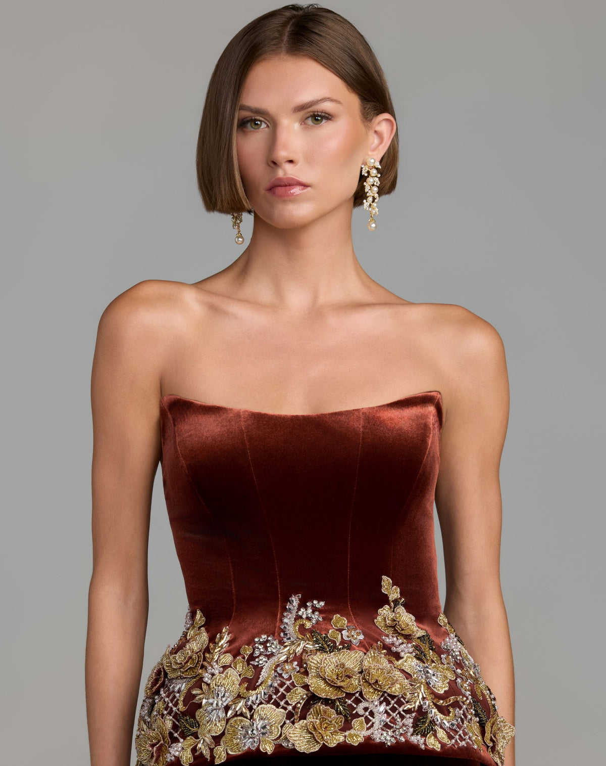 Dark Orange Strapless Embellished Velvet Peplum Gown - Mac Duggal