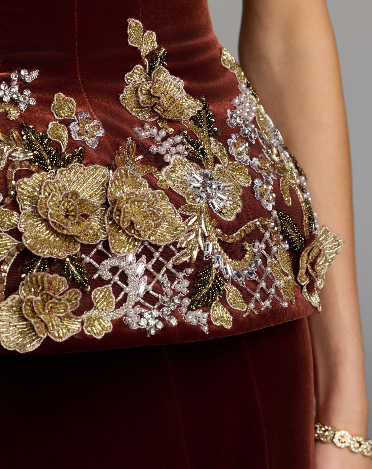 Dark Orange Strapless Embellished Velvet Peplum Gown - Mac Duggal