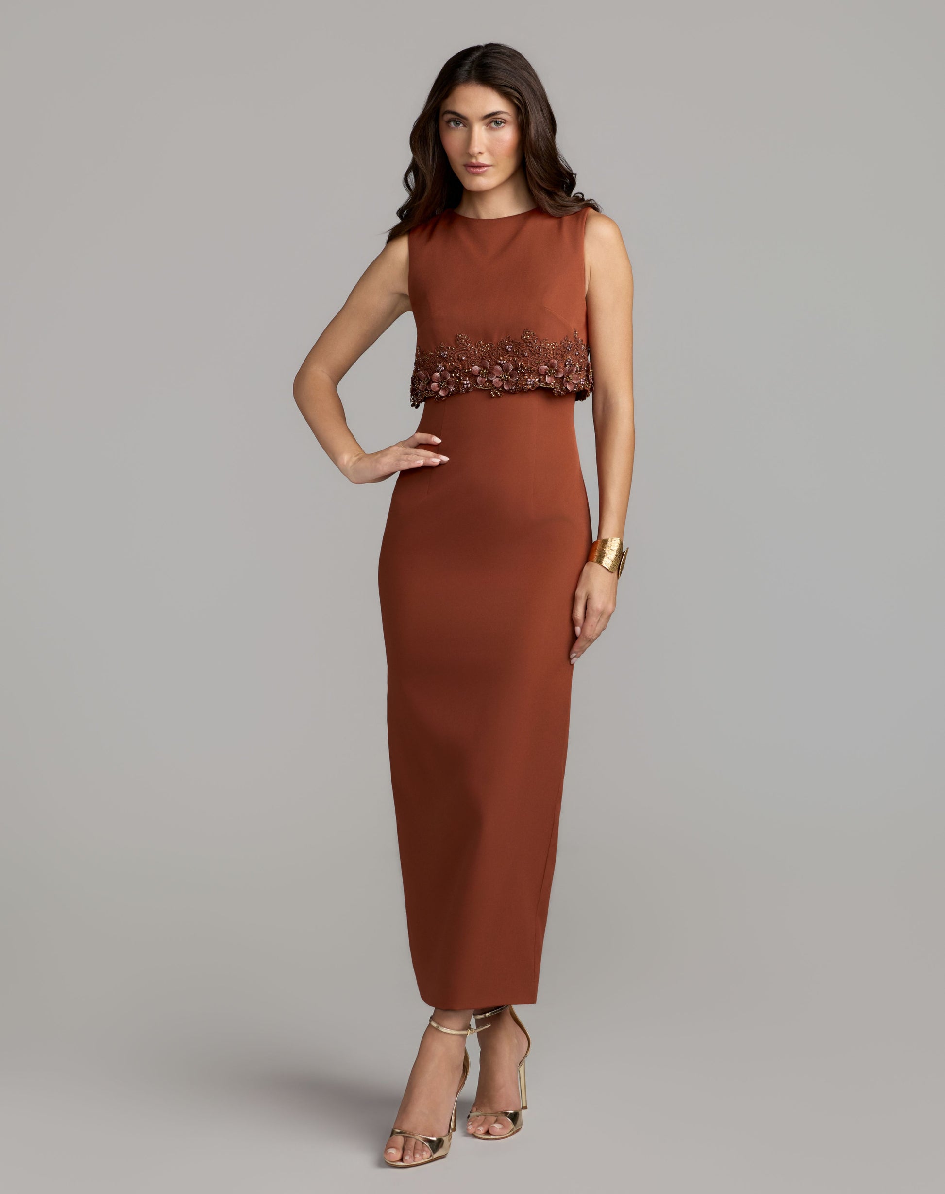 Orange Embroidered High Neck Sleeveless Ankle Dress - Mac Duggal
