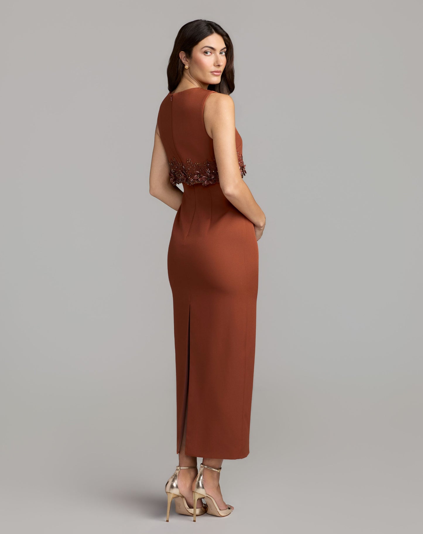 Orange Embroidered High Neck Sleeveless Ankle Dress - Mac Duggal