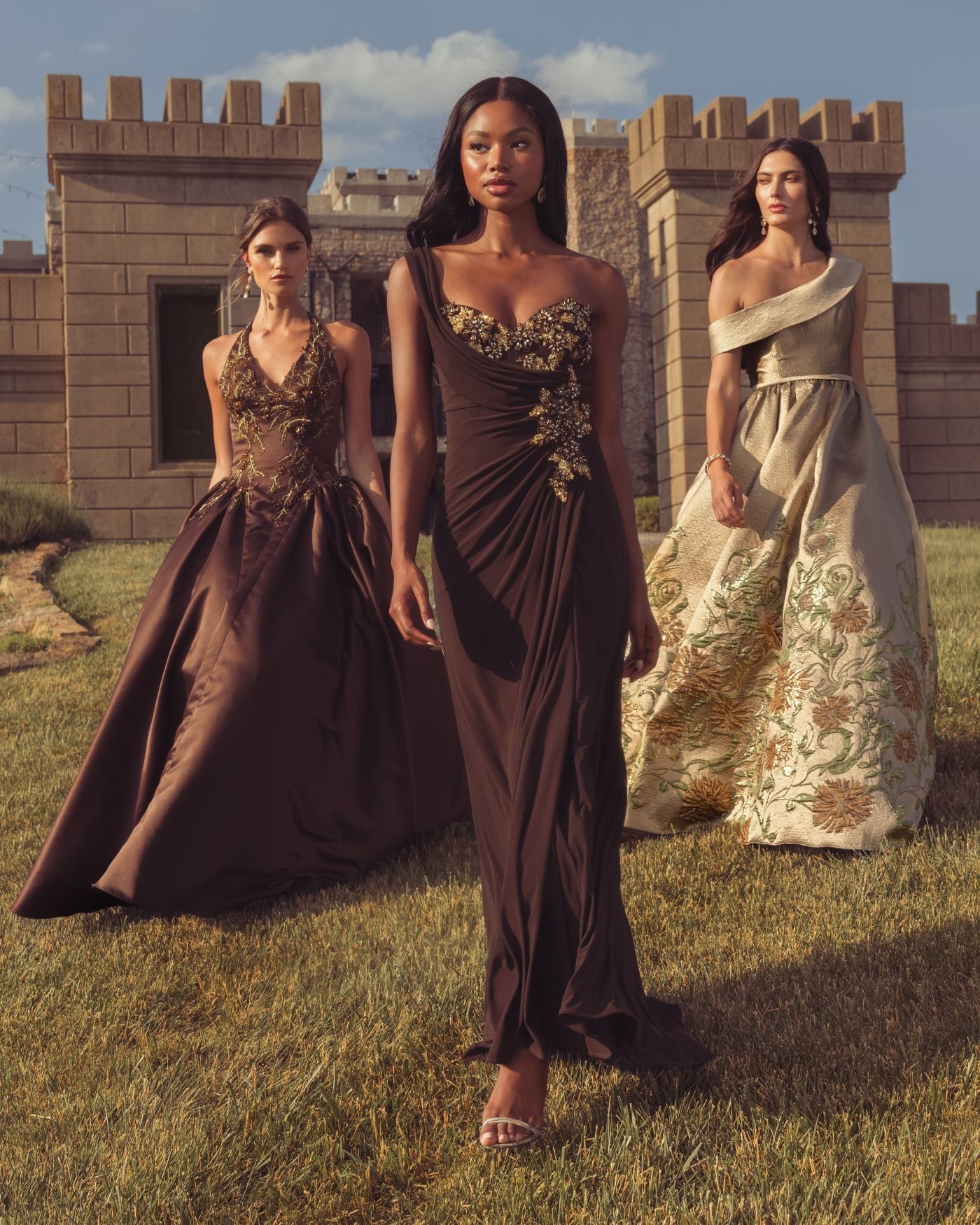 Brown One Shoulder Embellished Jersey Gown - Mac Duggal