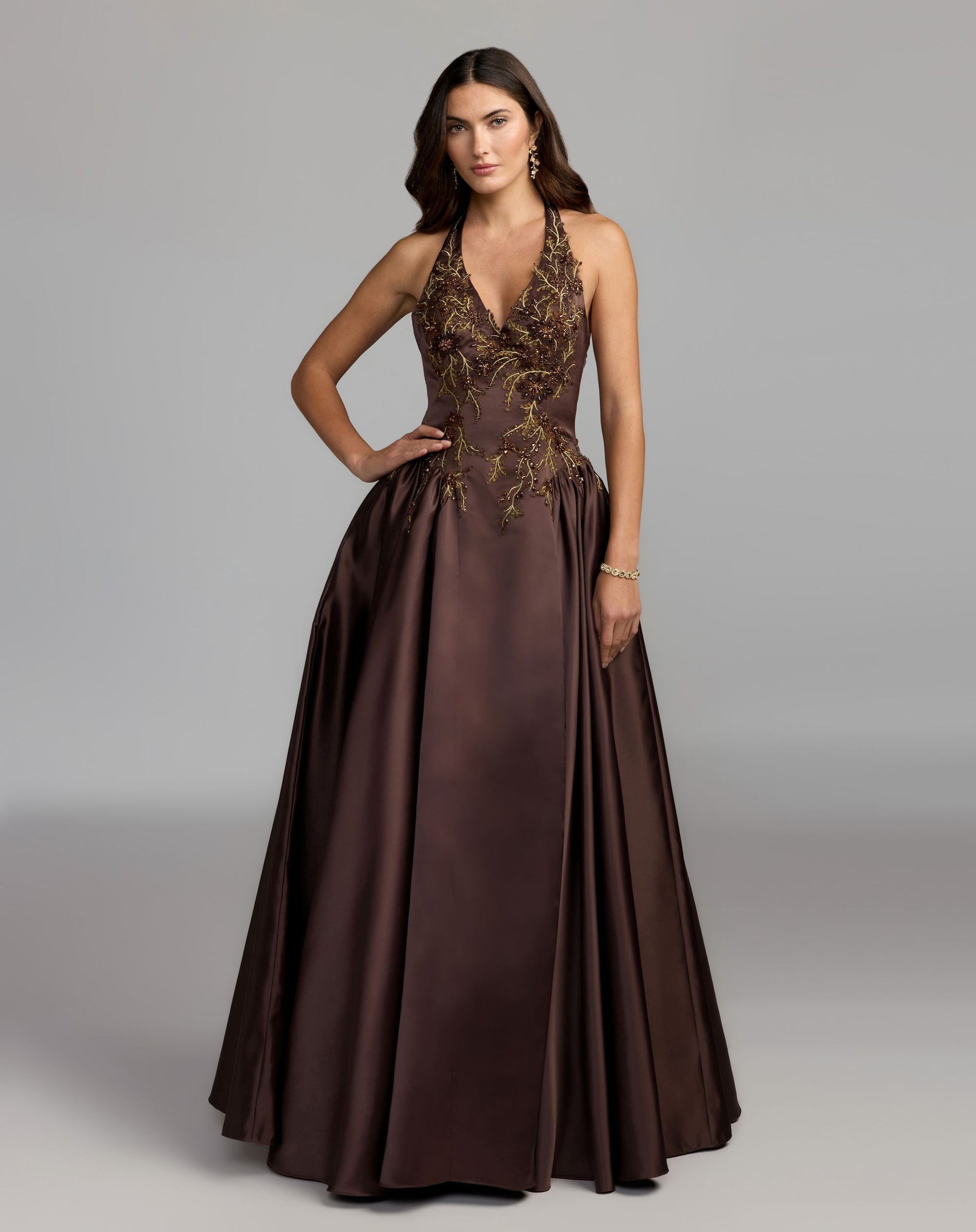 Brown Halter Neck Floral Embroidered Satin A-Line Gown - Mac Duggal
