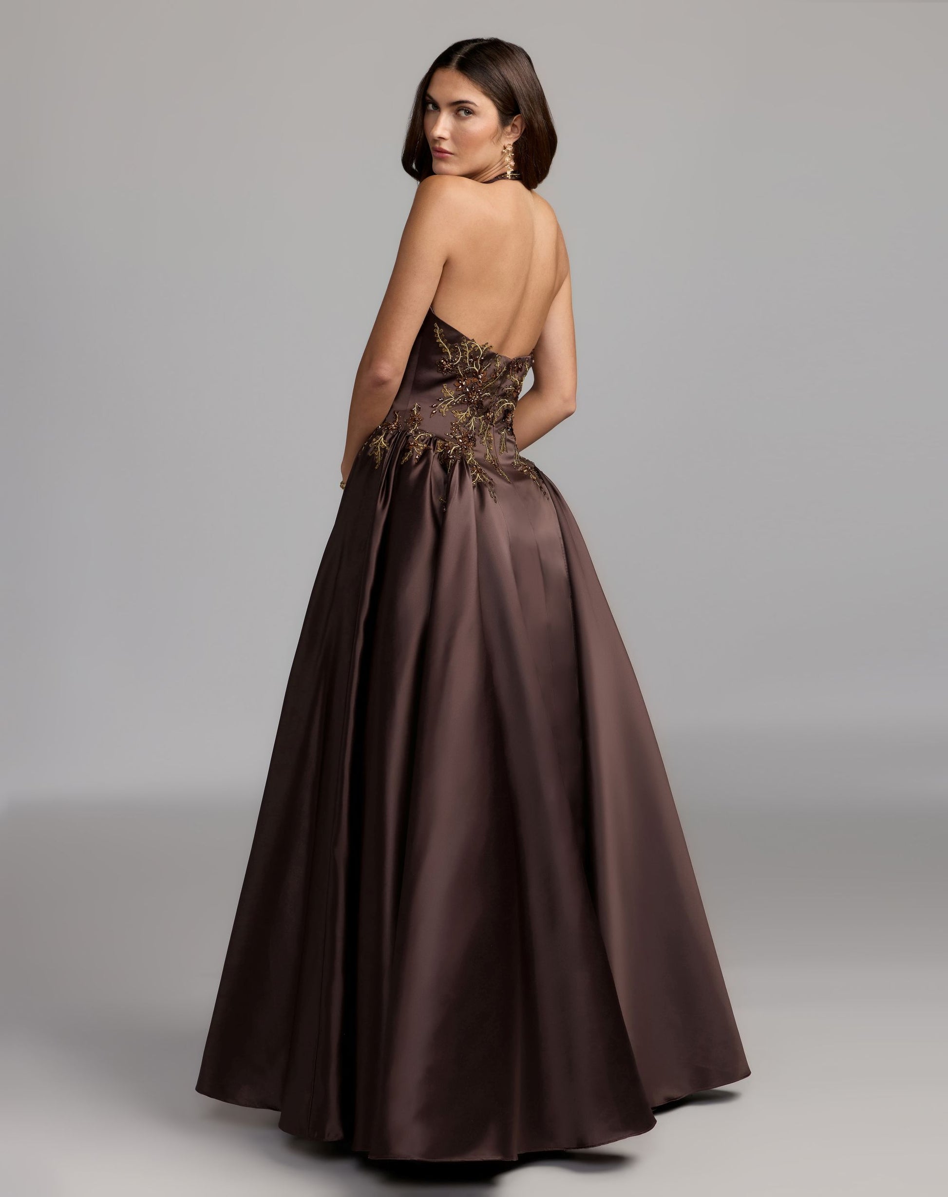 Brown Halter Neck Floral Embroidered Satin A-Line Gown - Mac Duggal