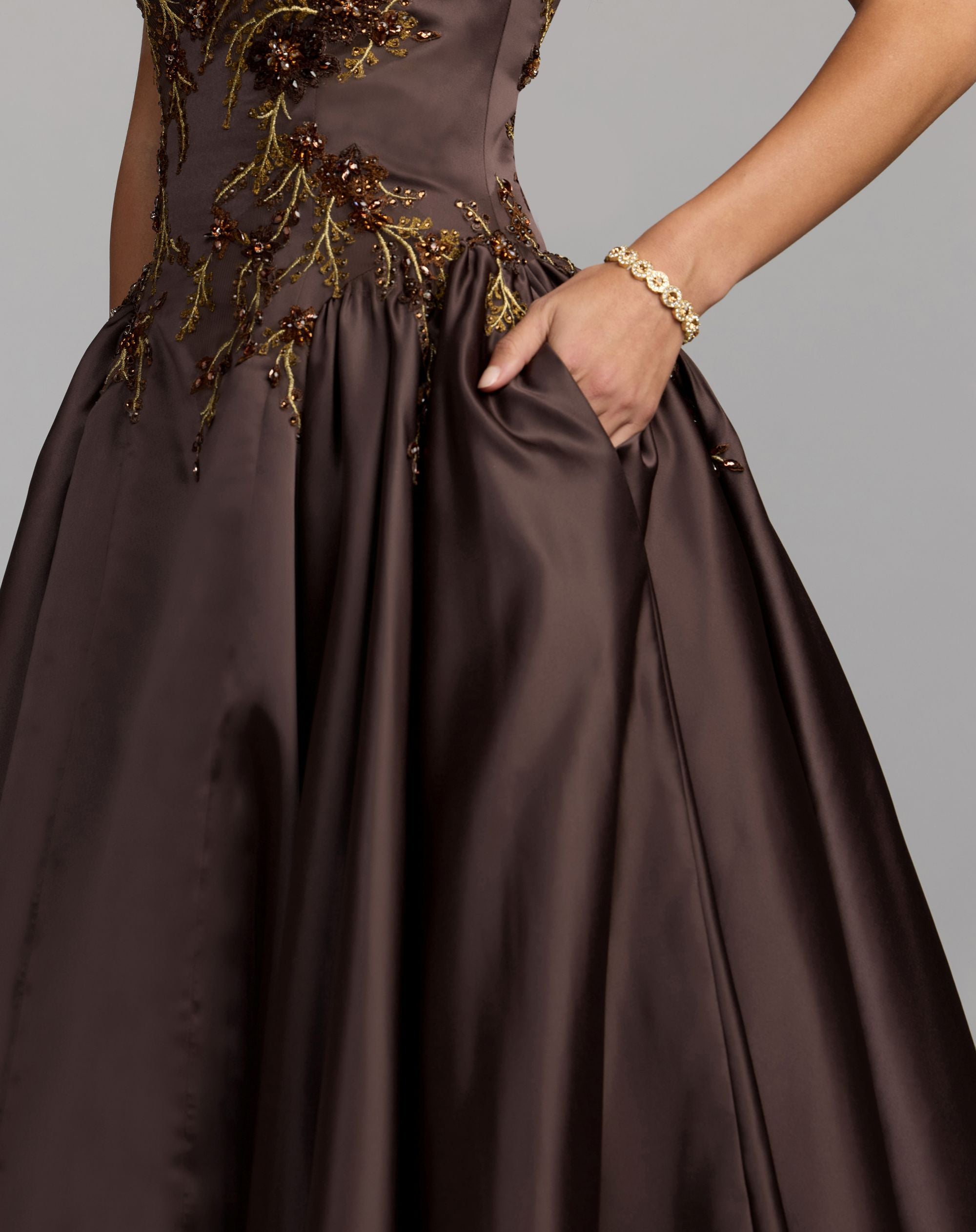 Brown Halter Neck Floral Embroidered Satin A-Line Gown - Mac Duggal