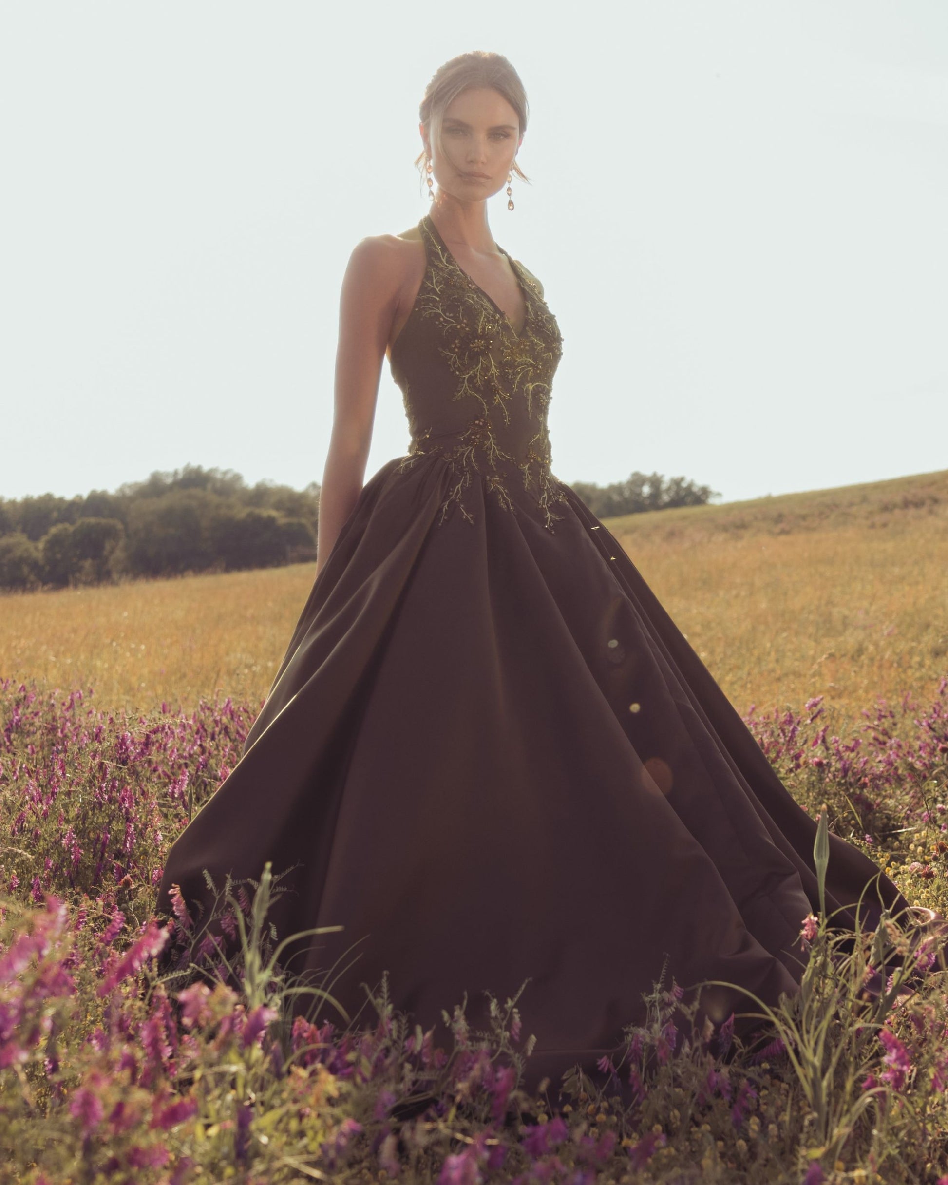 Brown Halter Neck Floral Embroidered Satin A-Line Gown - Mac Duggal