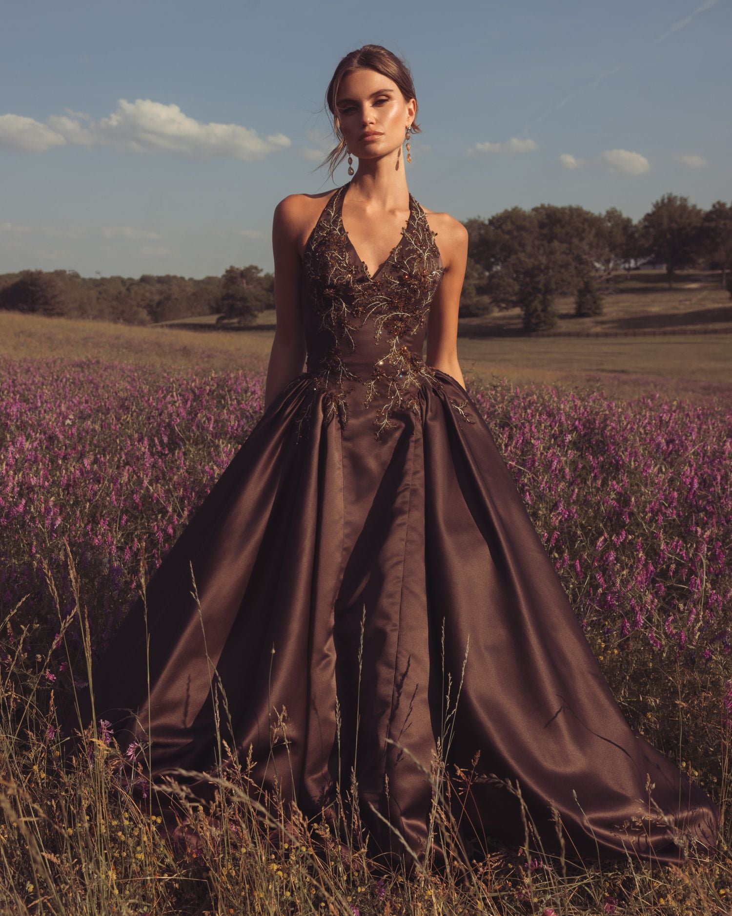 Brown Halter Neck Floral Embroidered Satin A-Line Gown - Mac Duggal