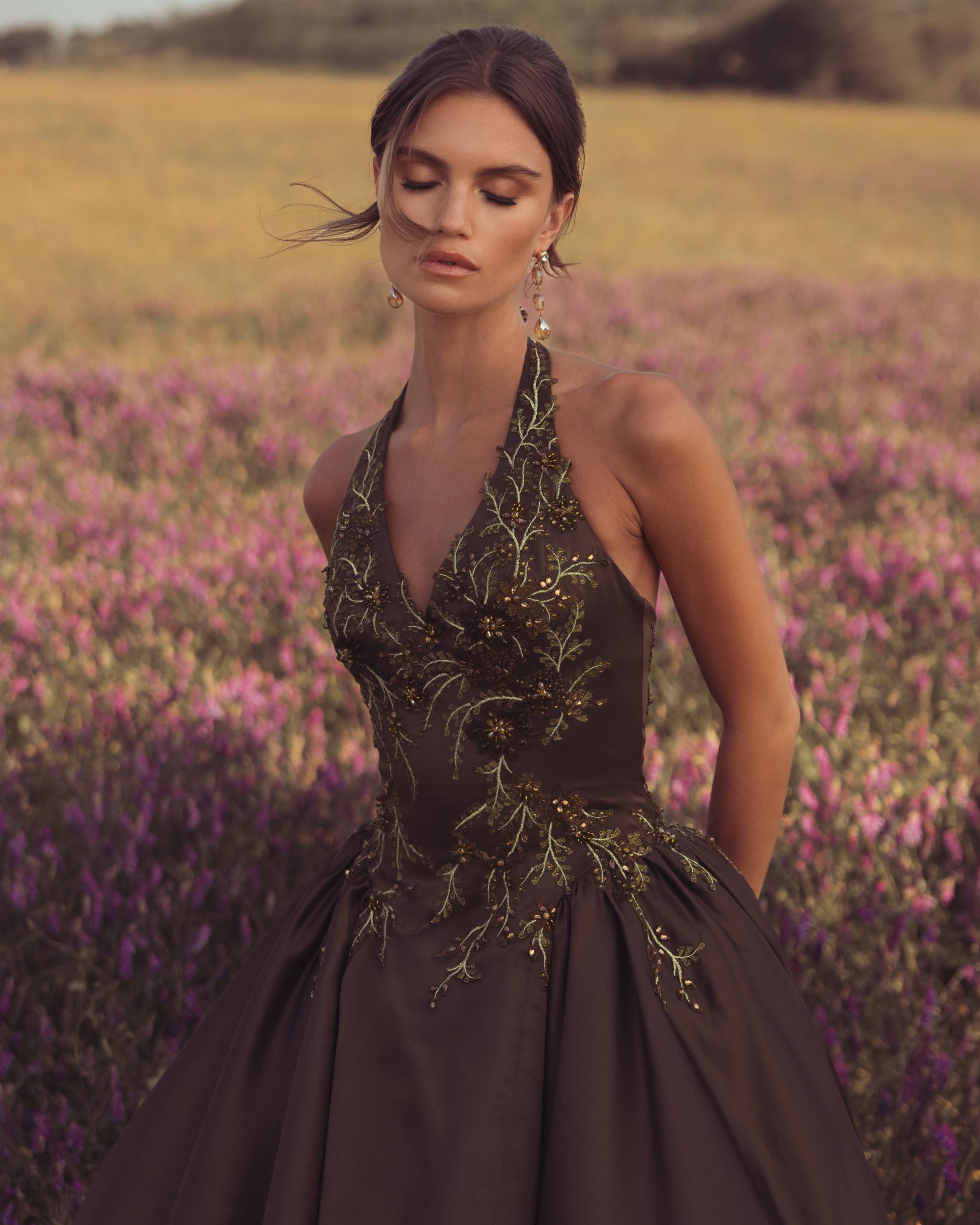 Brown Halter Neck Floral Embroidered Satin A-Line Gown - Mac Duggal
