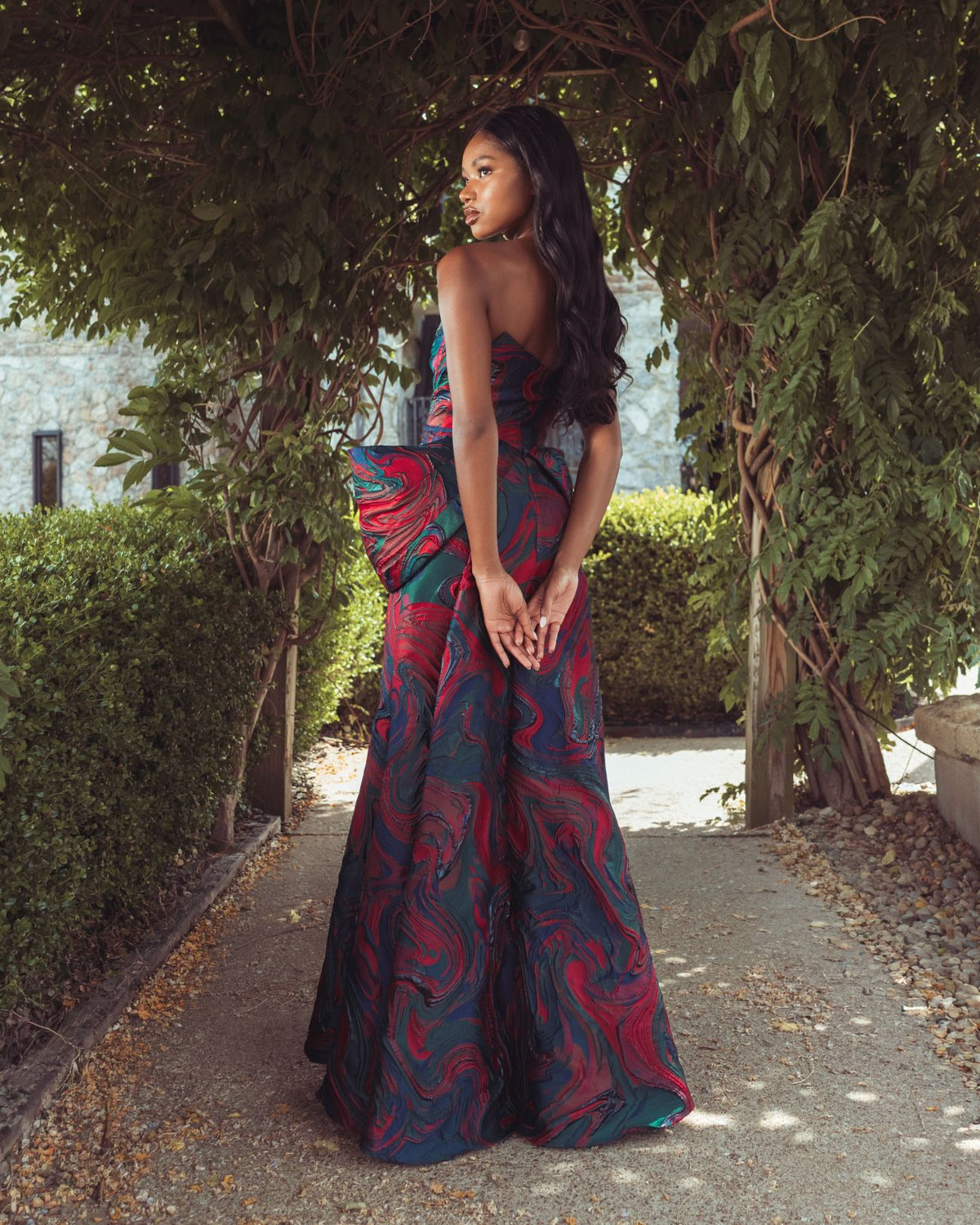 Multi Swirl Strapless Brocade Mermaid Gown With Bow Detail - Mac Duggal