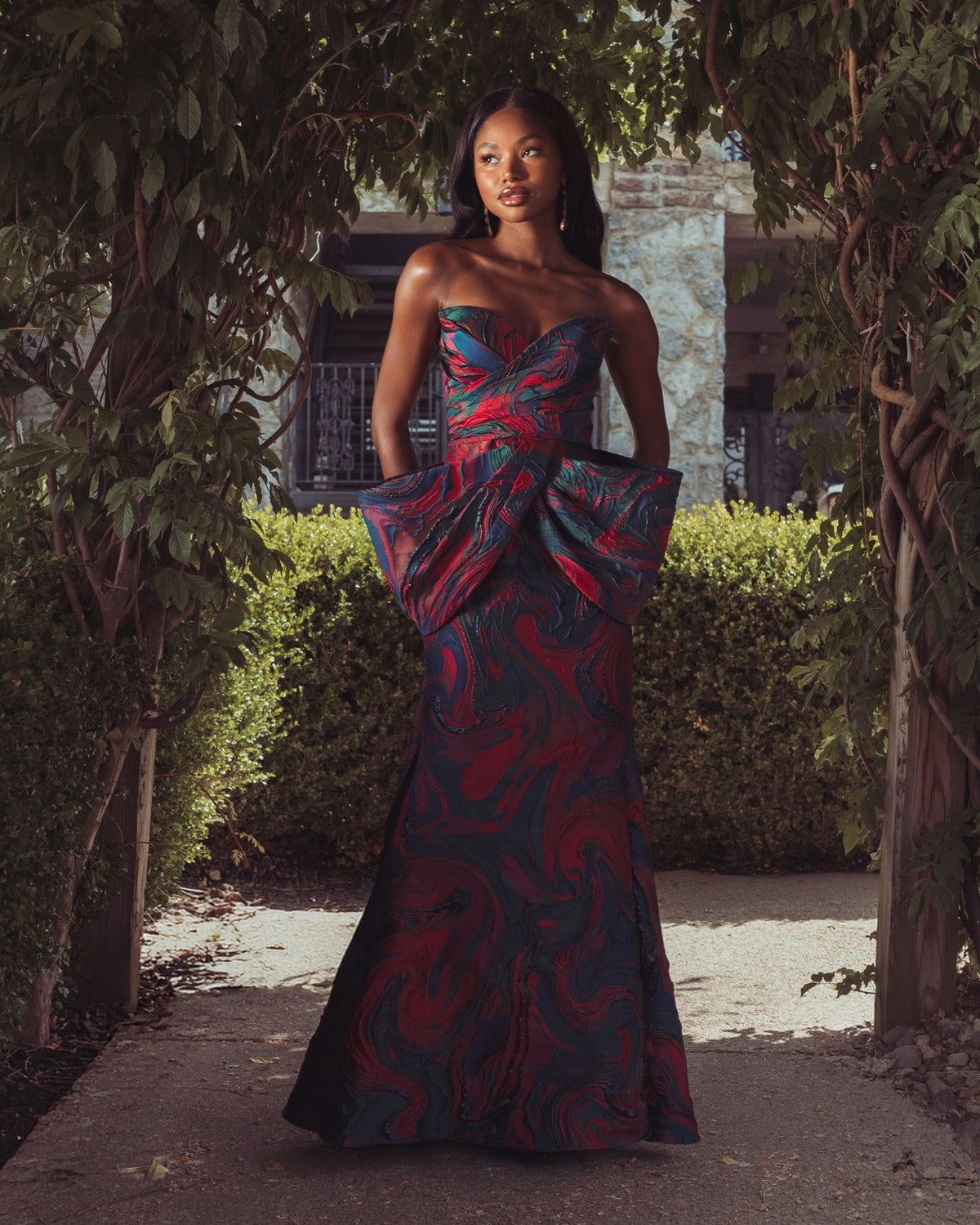 Multi Swirl Strapless Brocade Mermaid Gown With Bow Detail - Mac Duggal