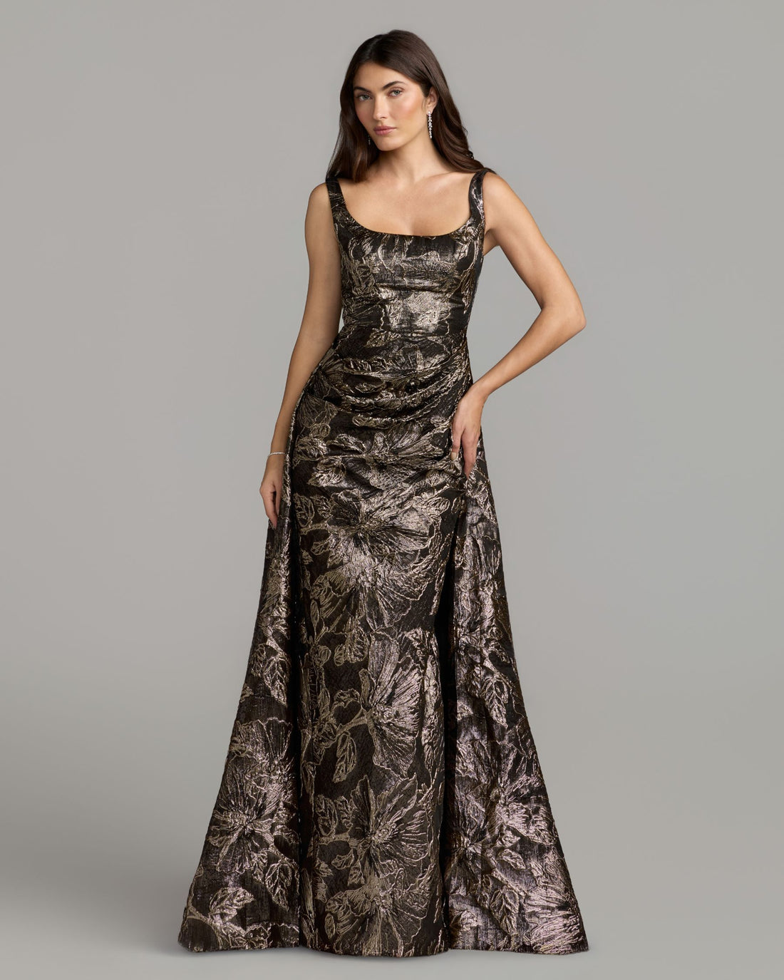 Black Metallic Floral Brocade Gown with Overskirt Mac Duggal