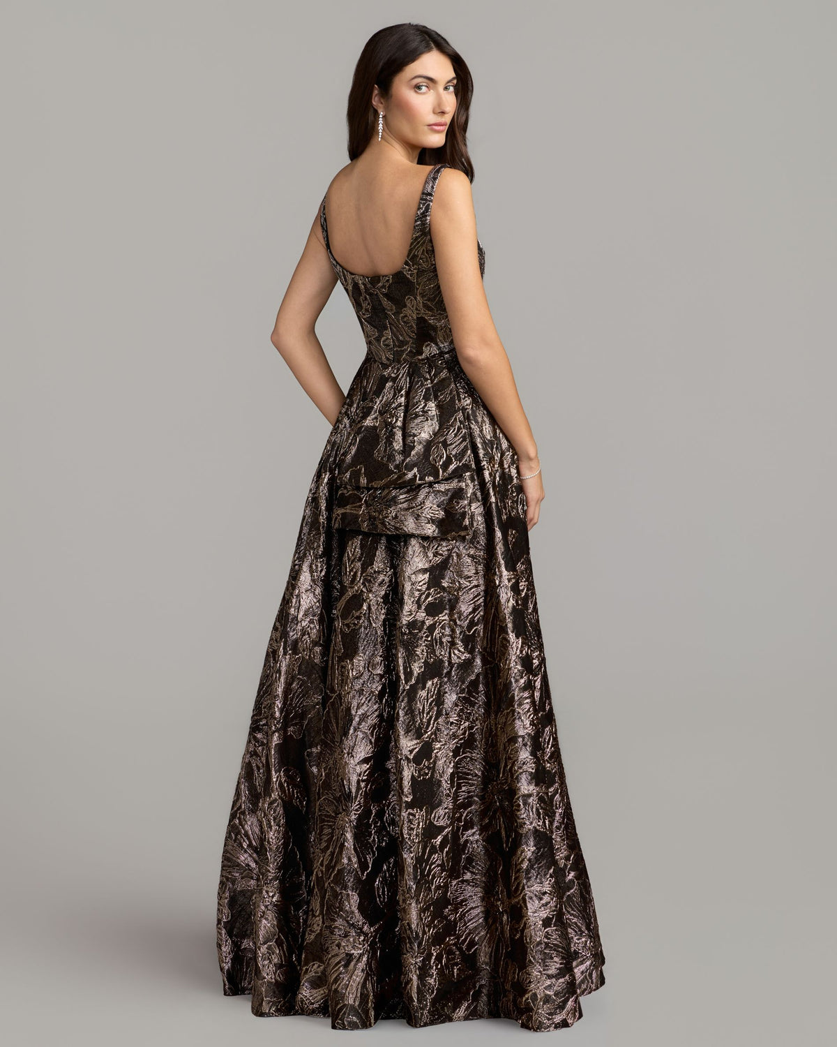 Black Metallic Floral Brocade Gown with Overskirt Mac Duggal