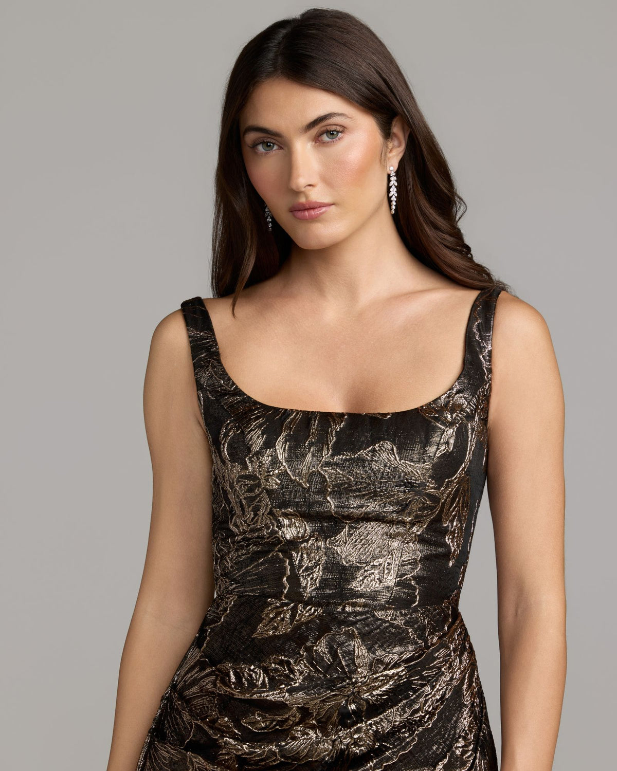 Black Metallic Floral Brocade Gown with Overskirt Mac Duggal