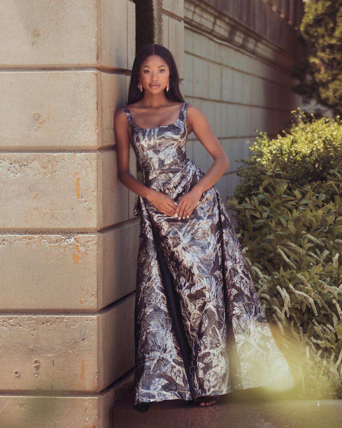 Black Metallic Floral Brocade Gown with Overskirt Mac Duggal