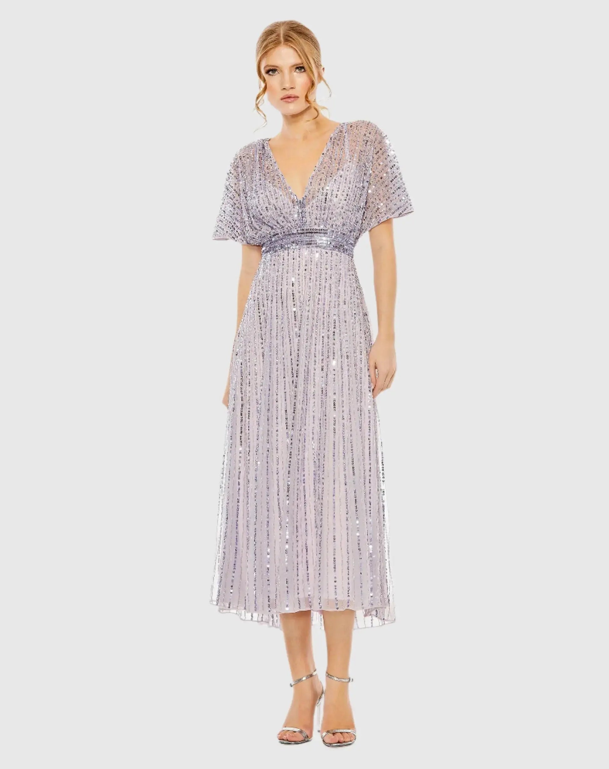 Purple Embellished Short Sleeve Empire Waist Dress - Mac Duggal