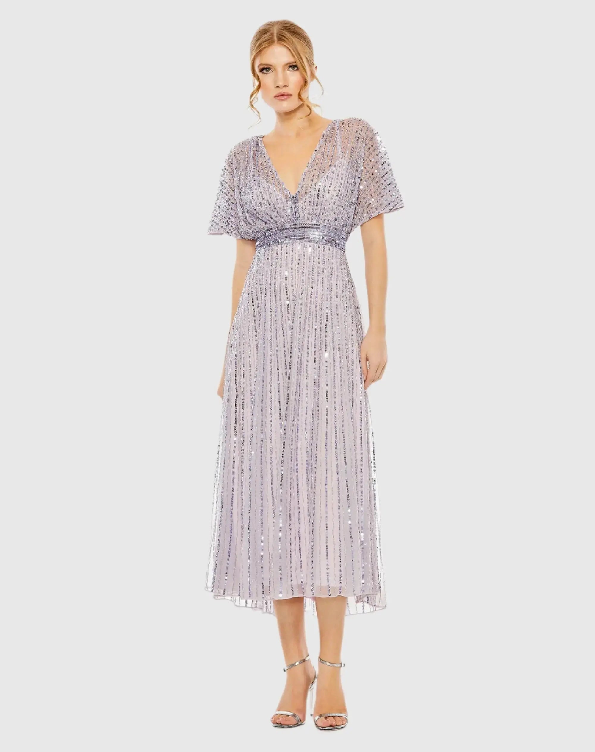 Purple Embellished Short Sleeve Empire Waist Dress - Mac Duggal