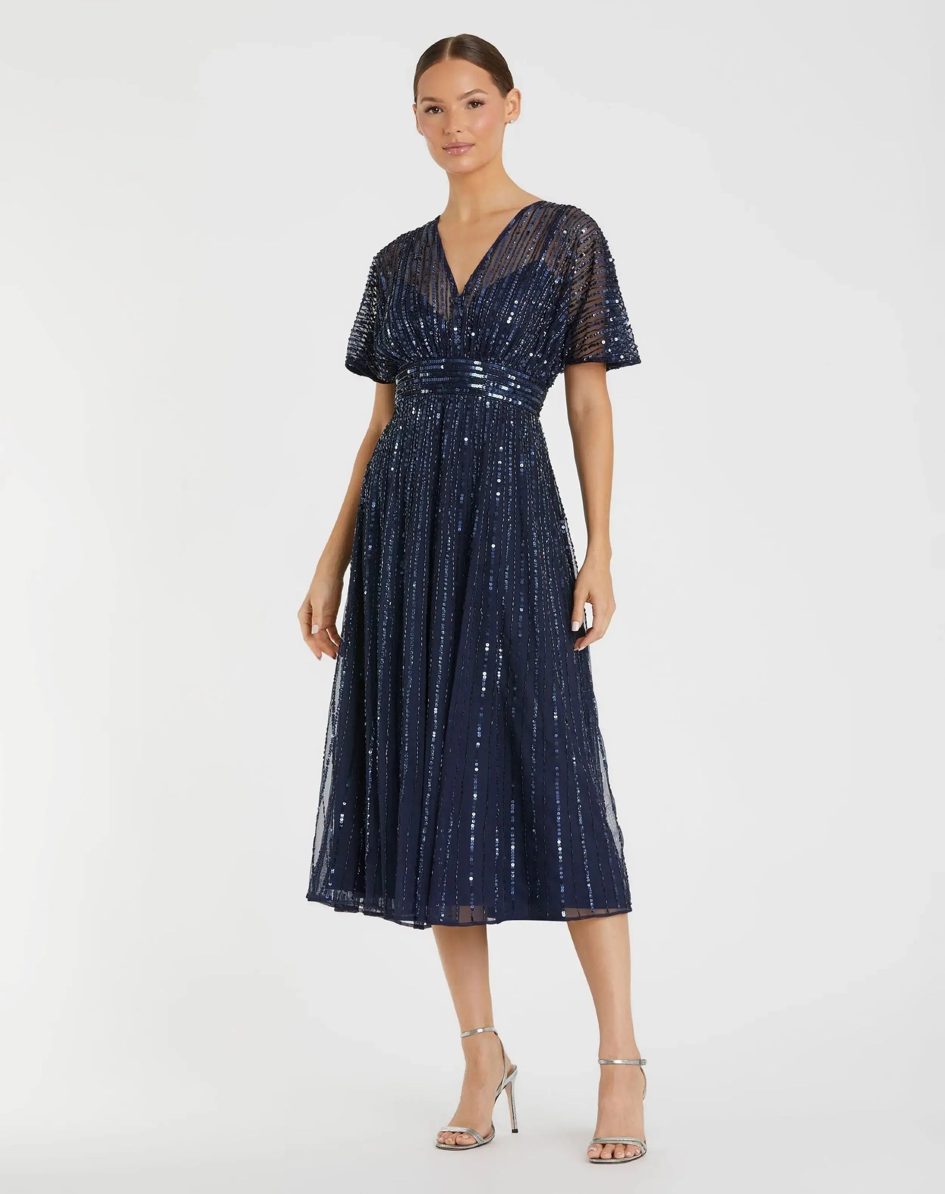 Navy Embellished Short Sleeve Empire Waist Dress | Mac Duggal Navy Embellished Short Sleeve Empire Waist Dress | Mac Duggal