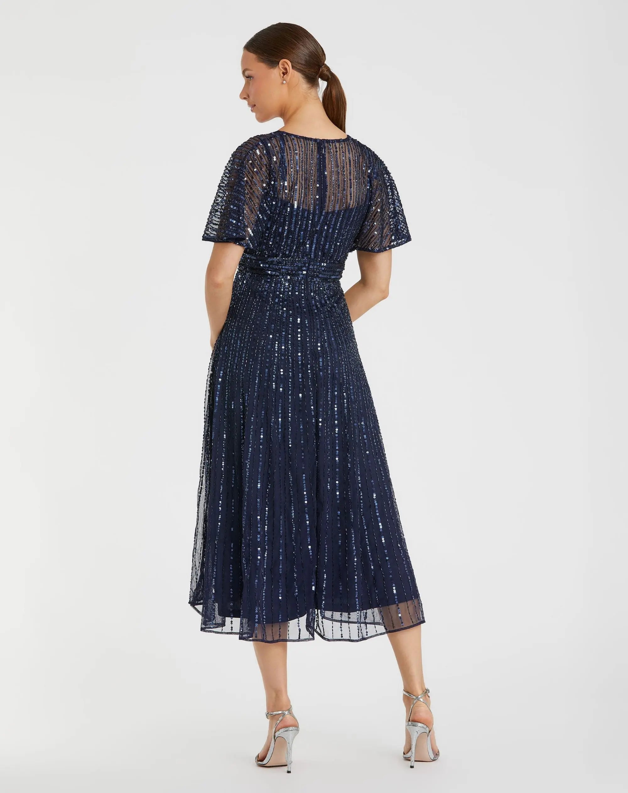 Navy Embellished Short Sleeve Empire Waist Dress - Mac Duggal