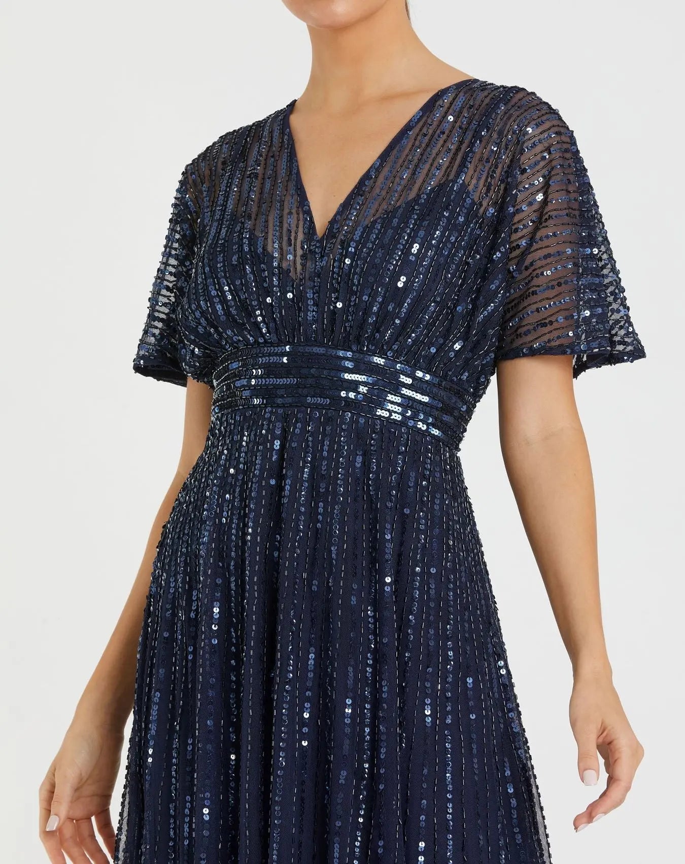 Navy Embellished Short Sleeve Empire Waist Dress | Mac Duggal Navy Embellished Short Sleeve Empire Waist Dress | Mac Duggal