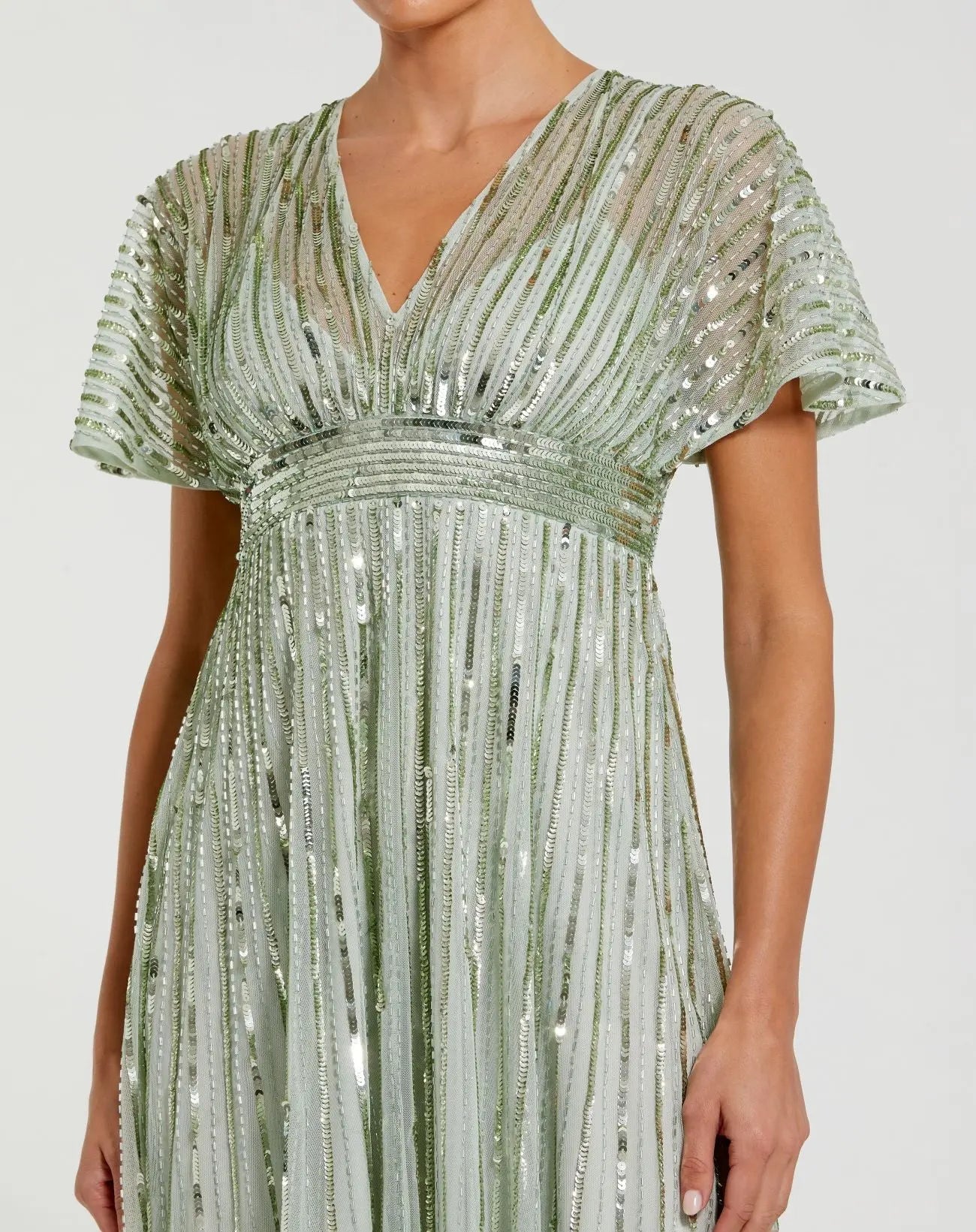 Green Embellished Short Sleeve Empire Waist Dress | Mac Duggal Green Embellished Short Sleeve Empire Waist Dress | Mac Duggal