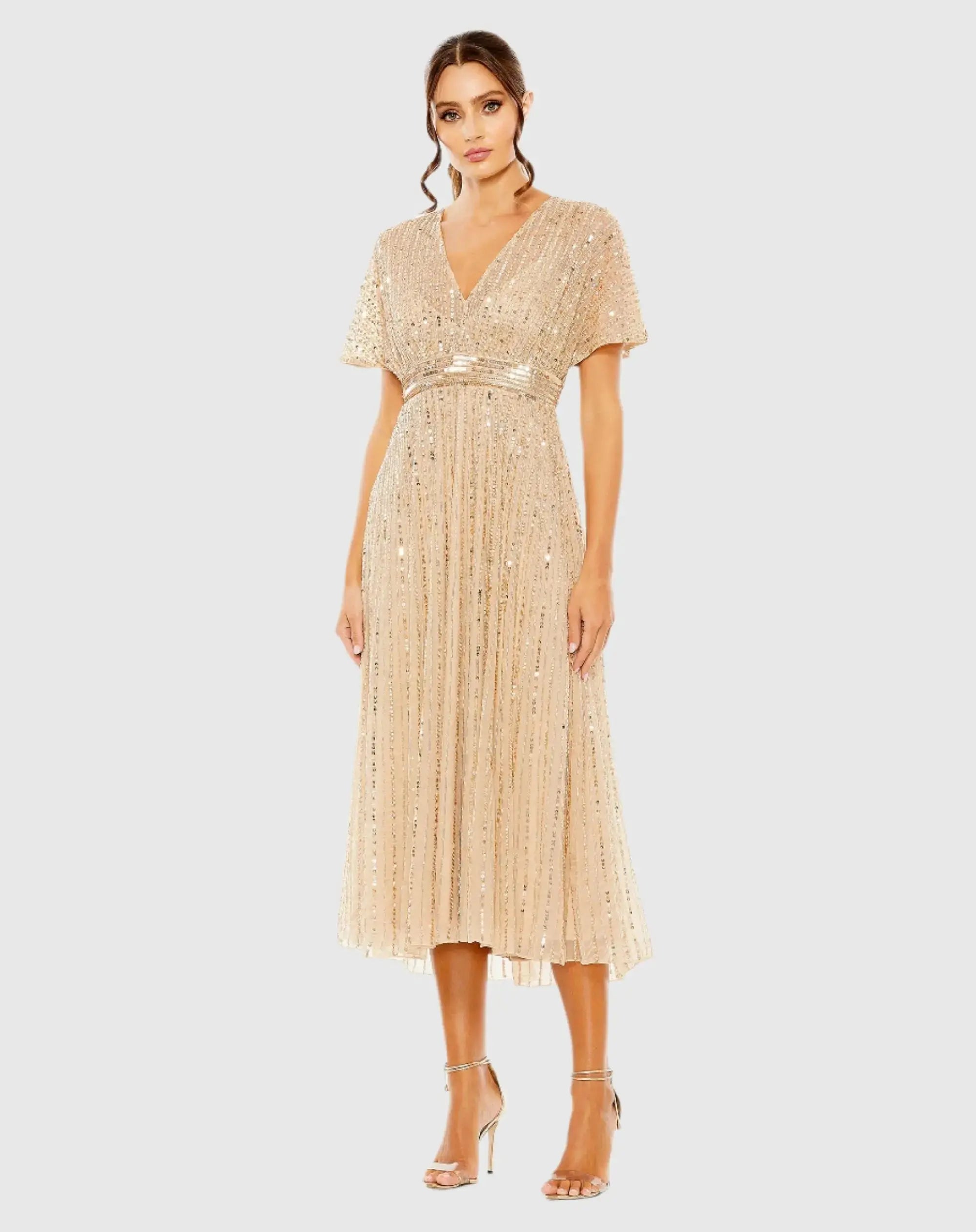 Beige Embellished Short Sleeve Empire Waist Dress - Mac Duggal