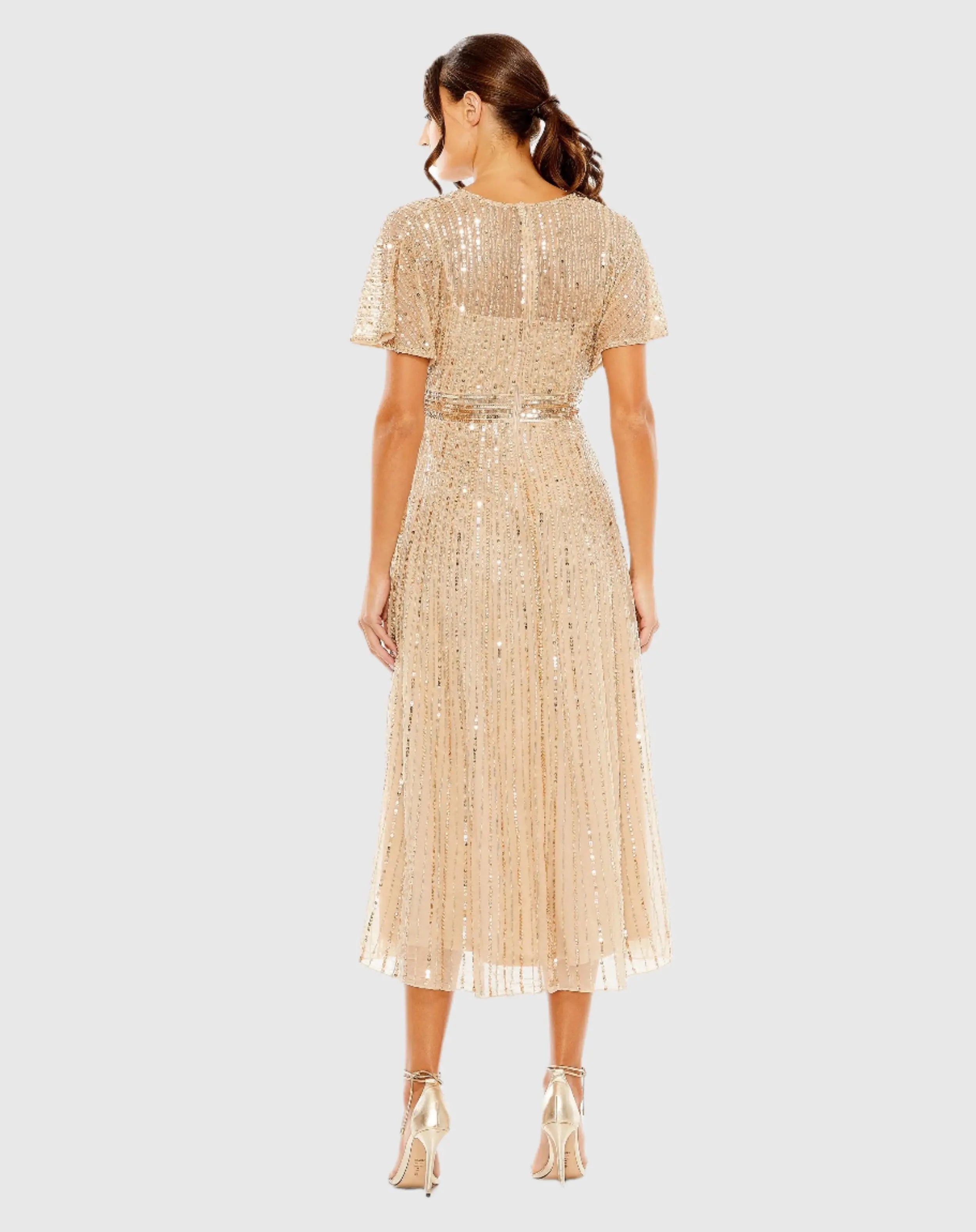 Beige Embellished Short Sleeve Empire Waist Dress - Mac Duggal