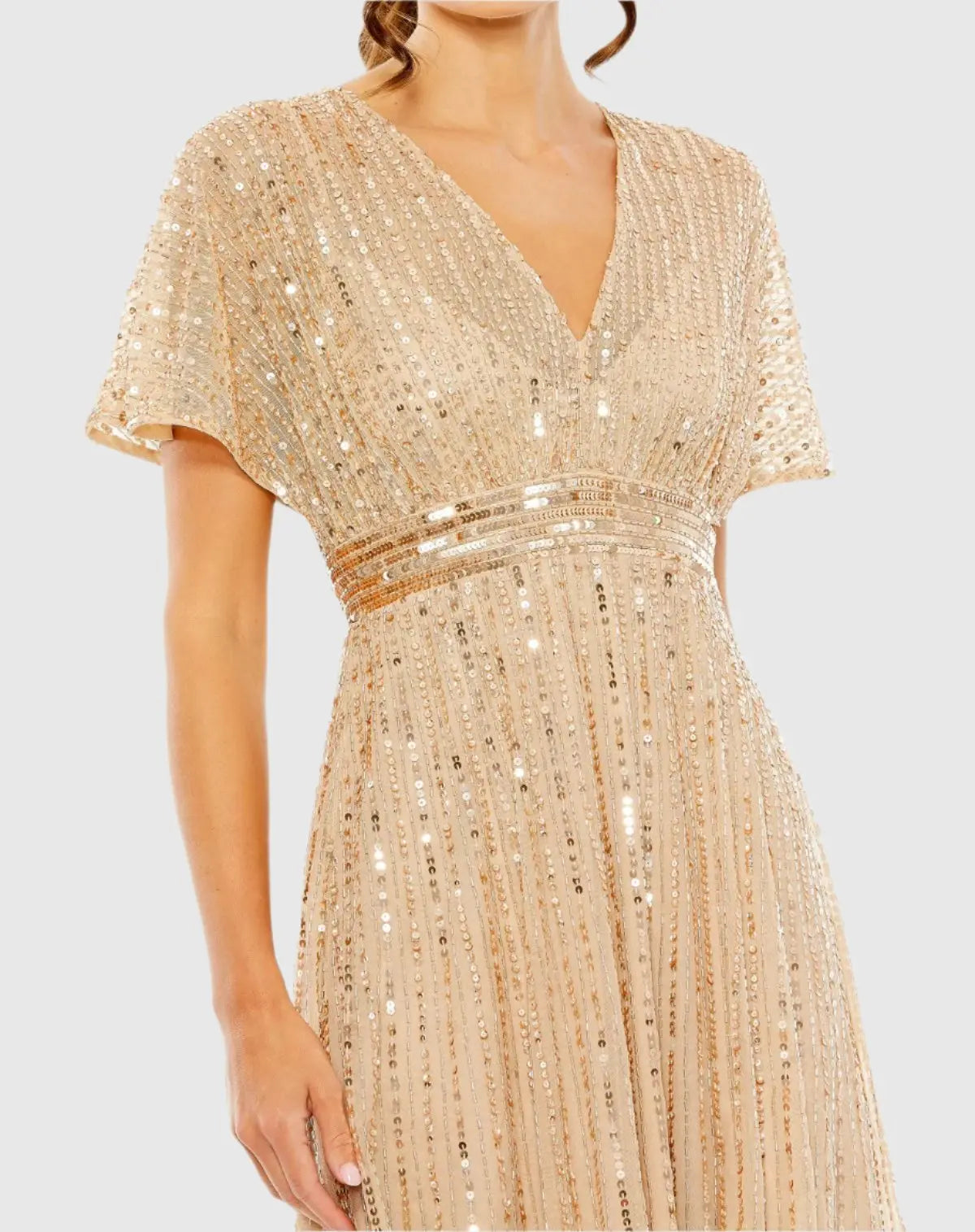Beige Embellished Short Sleeve Empire Waist Dress - Mac Duggal