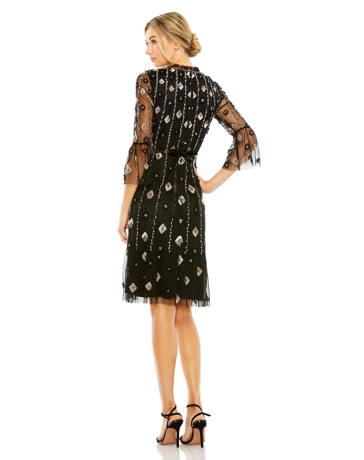 High Neck Sheer Sleeve Beaded Belted Dress | Sample | Sz. XS