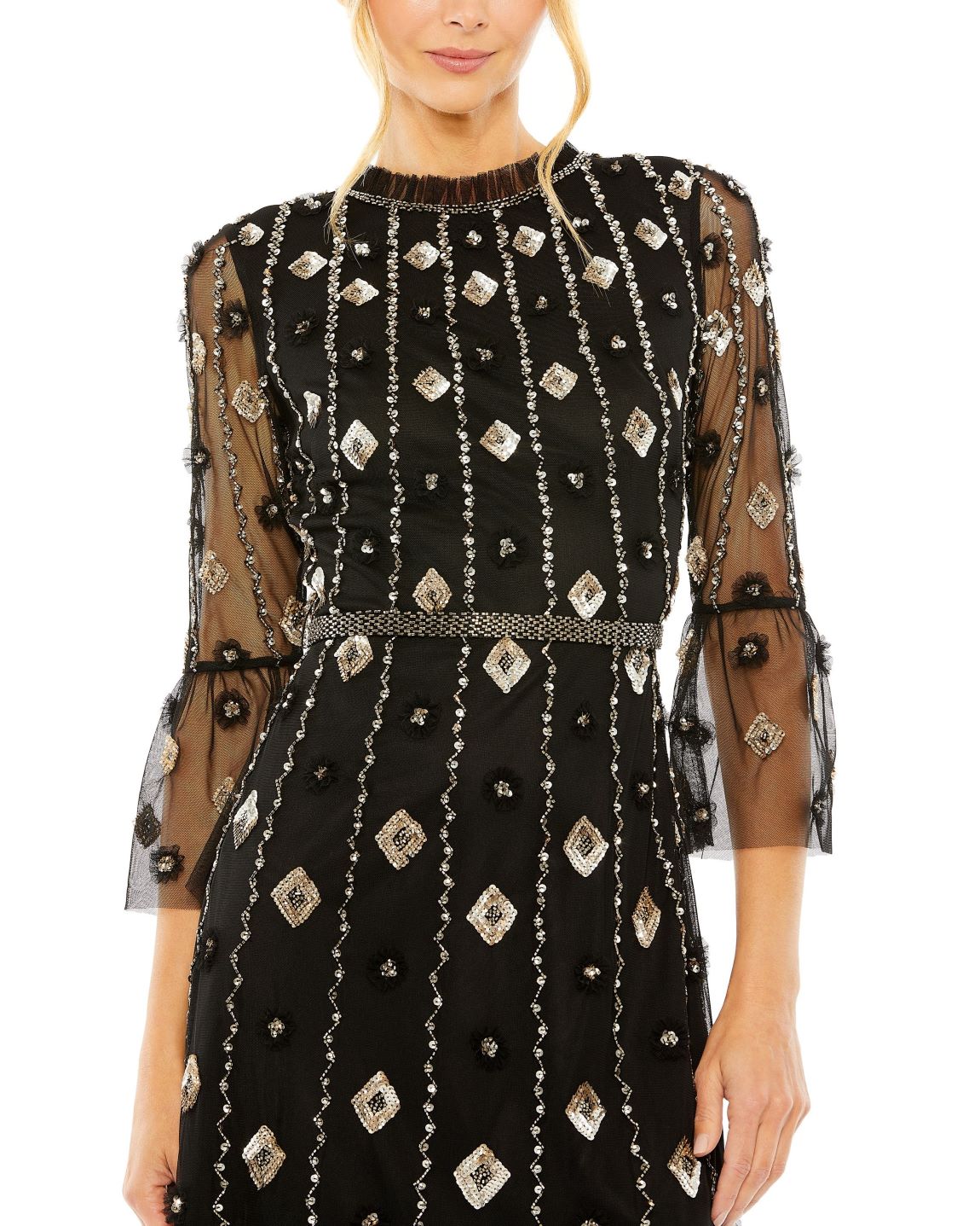 High Neck Sheer Sleeve Beaded Belted Dress | Sample | Sz. XS