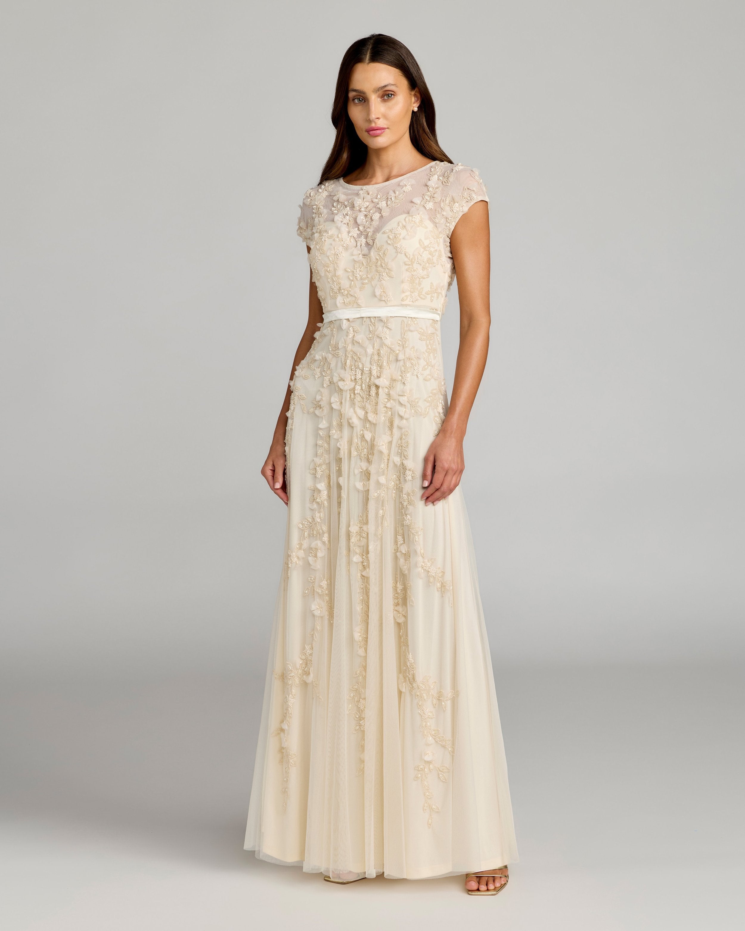 Light Yellow Floral Embellished Cap Sleeve Gown Mac Duggal