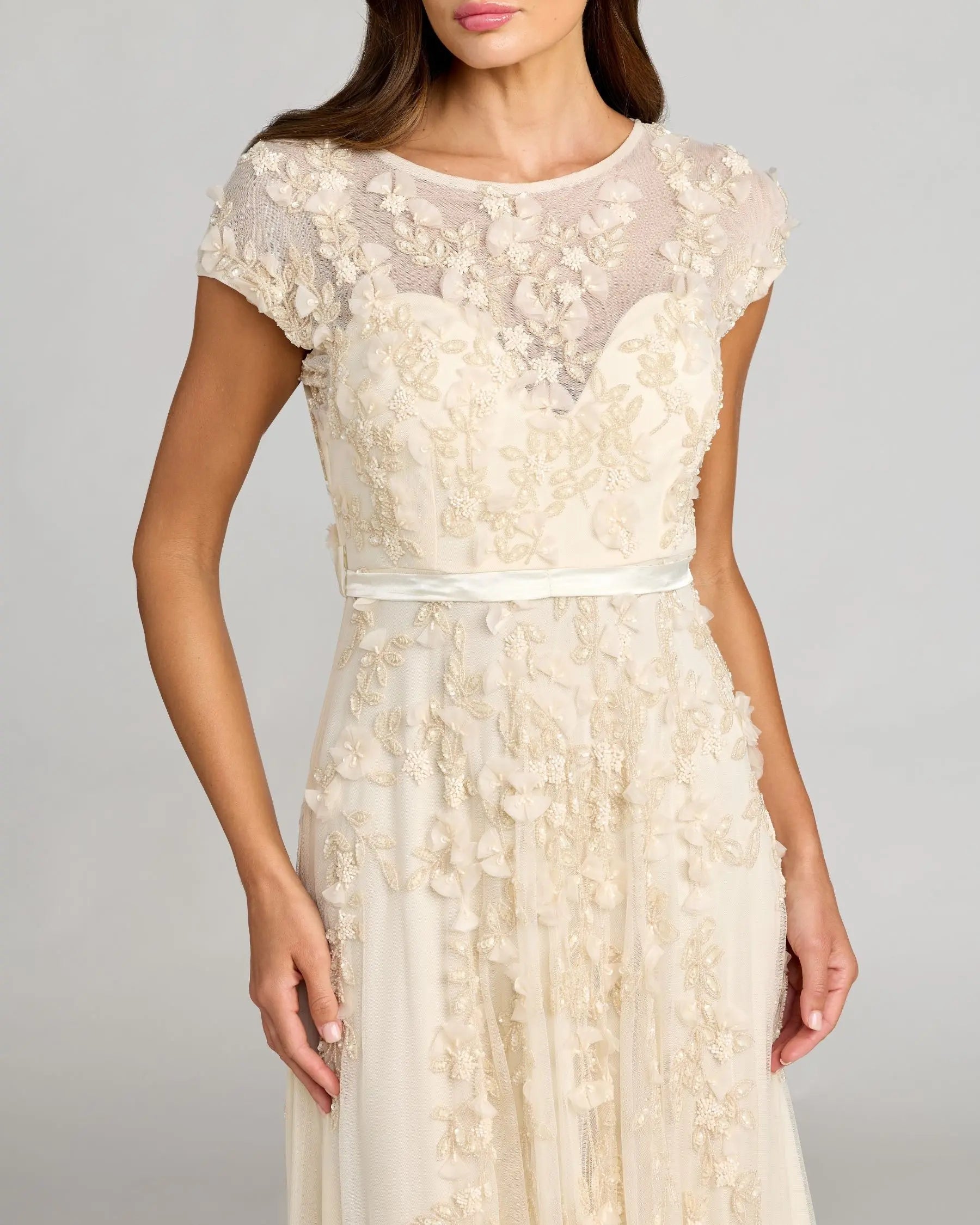 Mac Duggal Women's Floral Embellished Short Sleeve Mesh Gown - Ivory/Cream - Size 12 - Butter Mac Duggal Women's Floral Embellished Short Sleeve Mesh Gown - Ivory/Cream - Size 12 - Butter