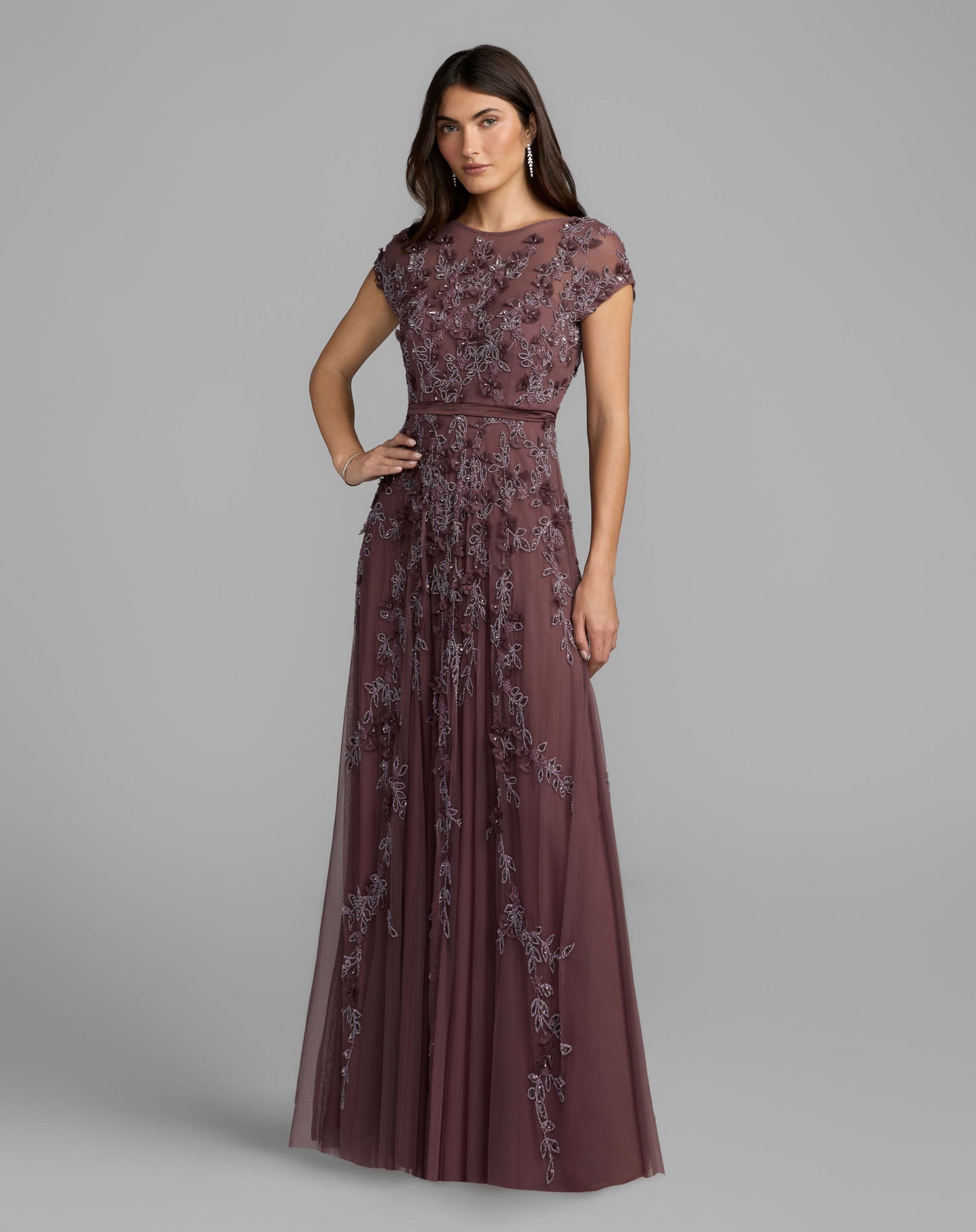 Purple Floral Embellished Cap Sleeve Gown - Mac Duggal