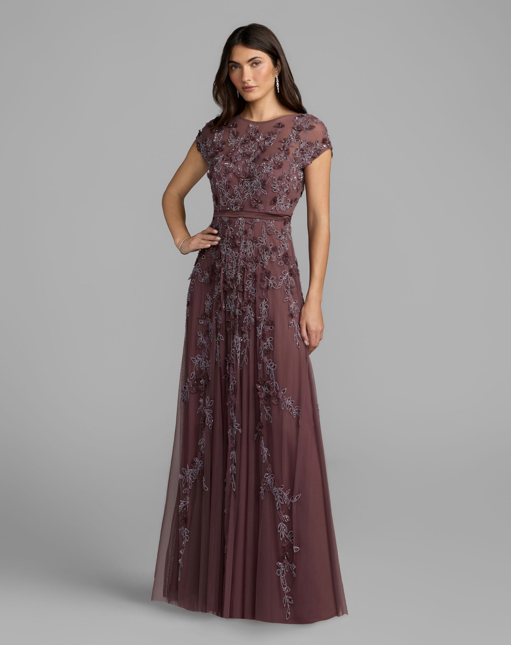 Purple Floral Embellished Cap Sleeve Gown - Mac Duggal