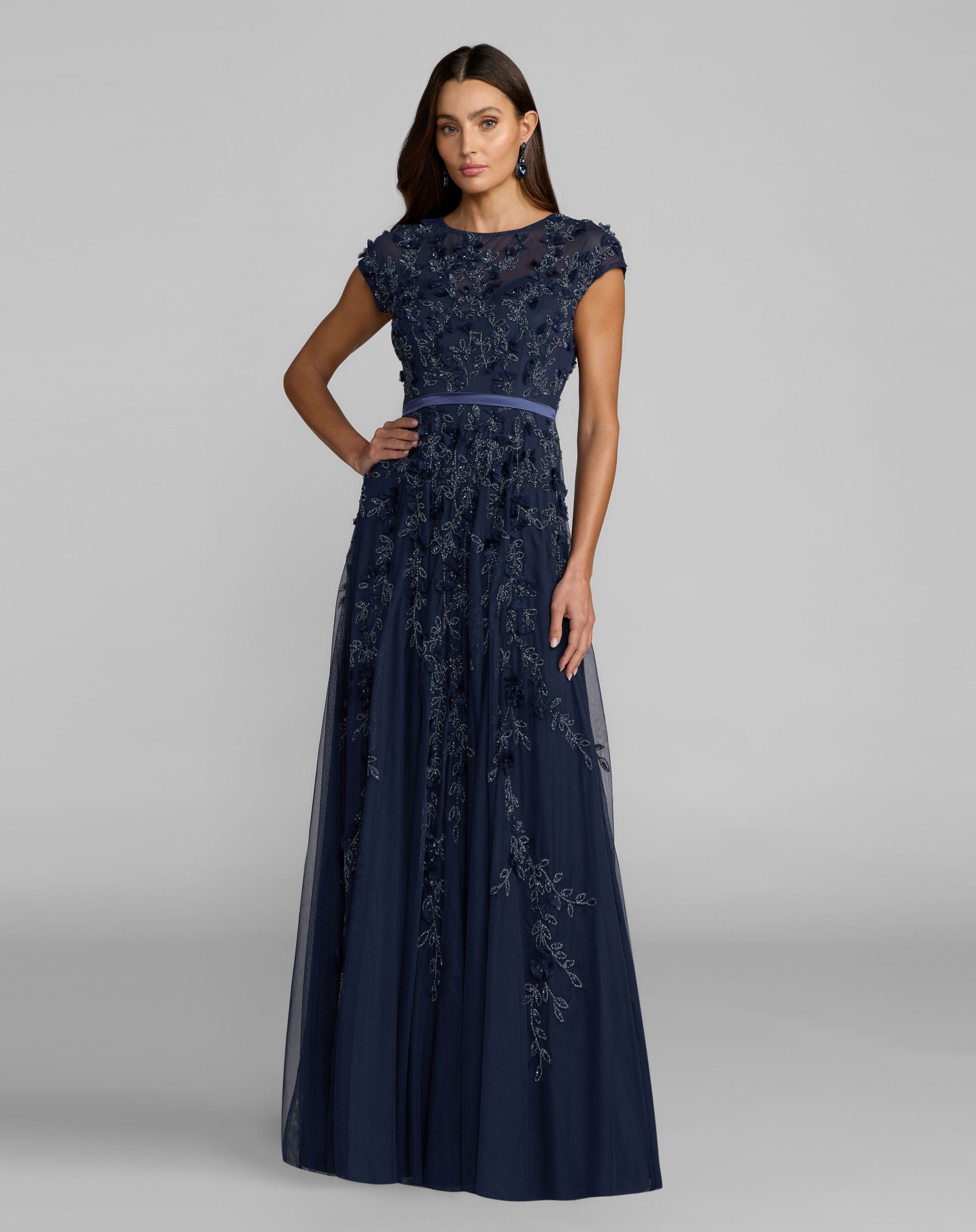 Navy Floral Hand Embellished Cap Sleeve Gown - Mac Duggal