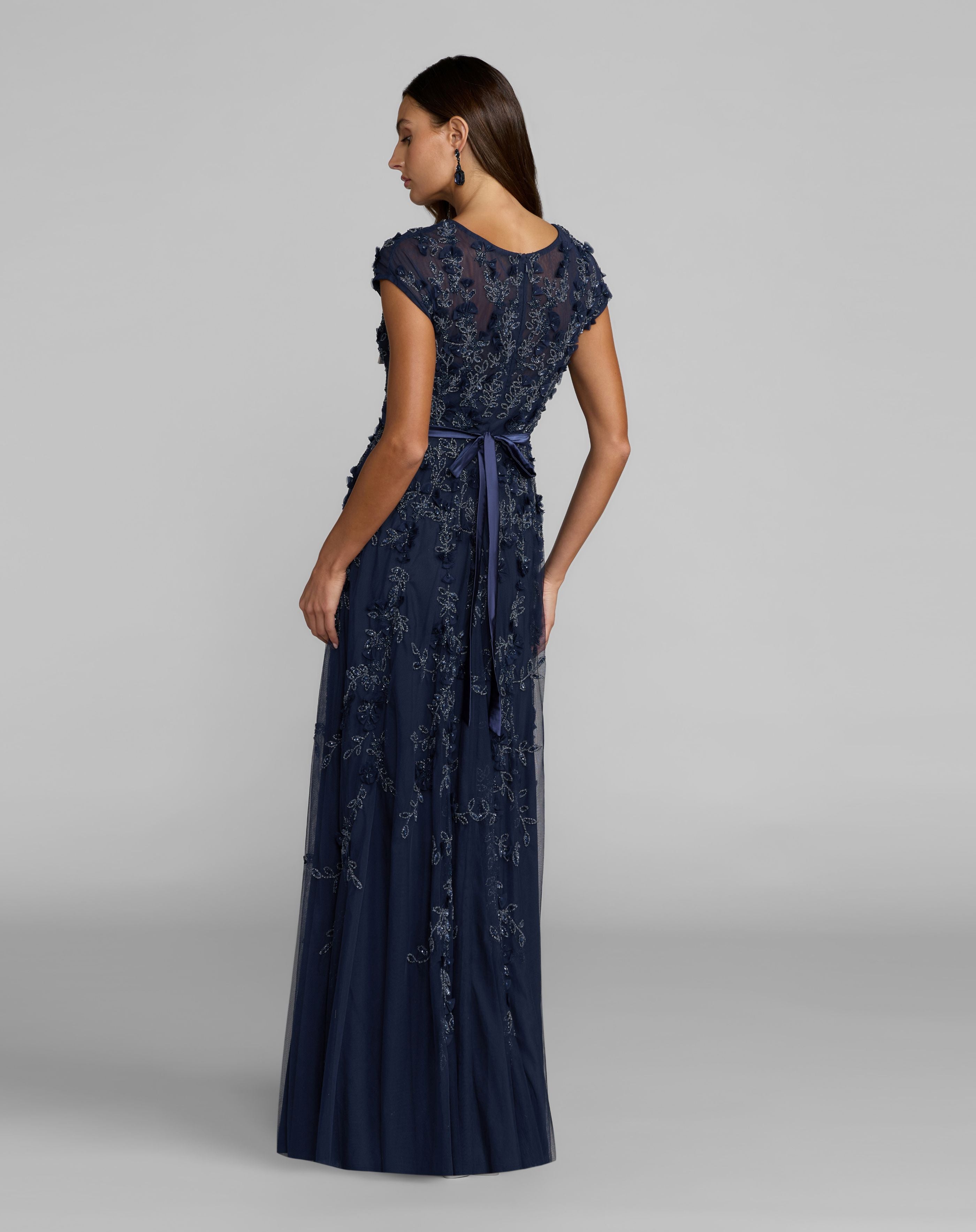 Navy Floral Hand Embellished Cap Sleeve Gown - Mac Duggal