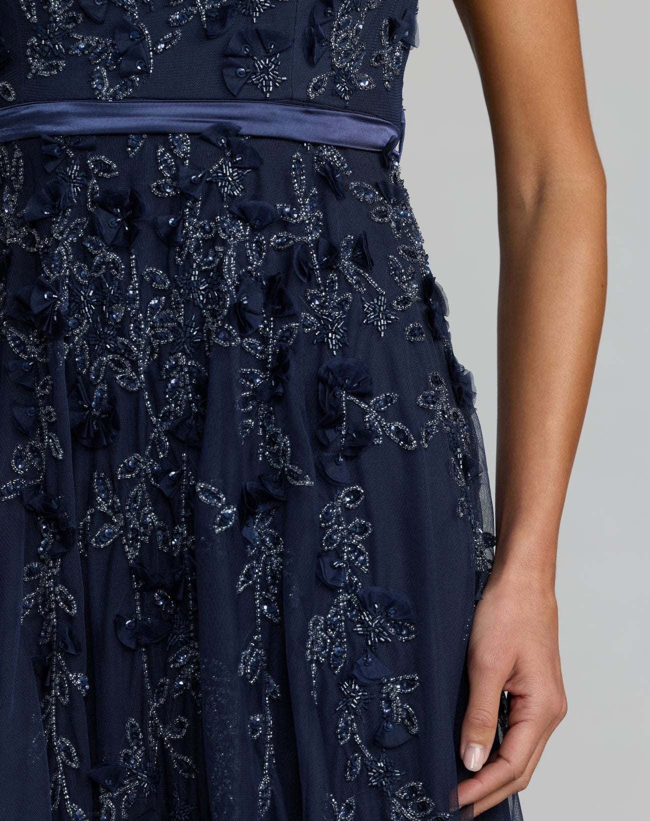Navy Floral Hand Embellished Cap Sleeve Gown - Mac Duggal