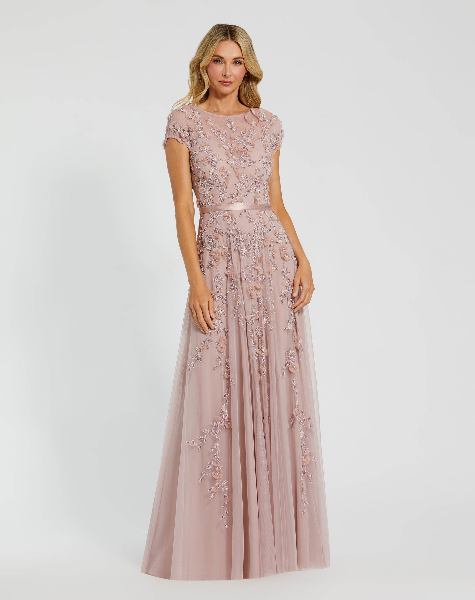 Pink Embellished Short Sleeve A-Line Gown Mac Duggal