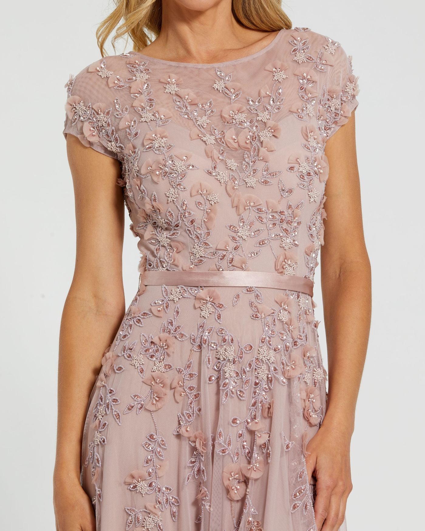 Pink Embellished Short Sleeve A-Line Gown Mac Duggal