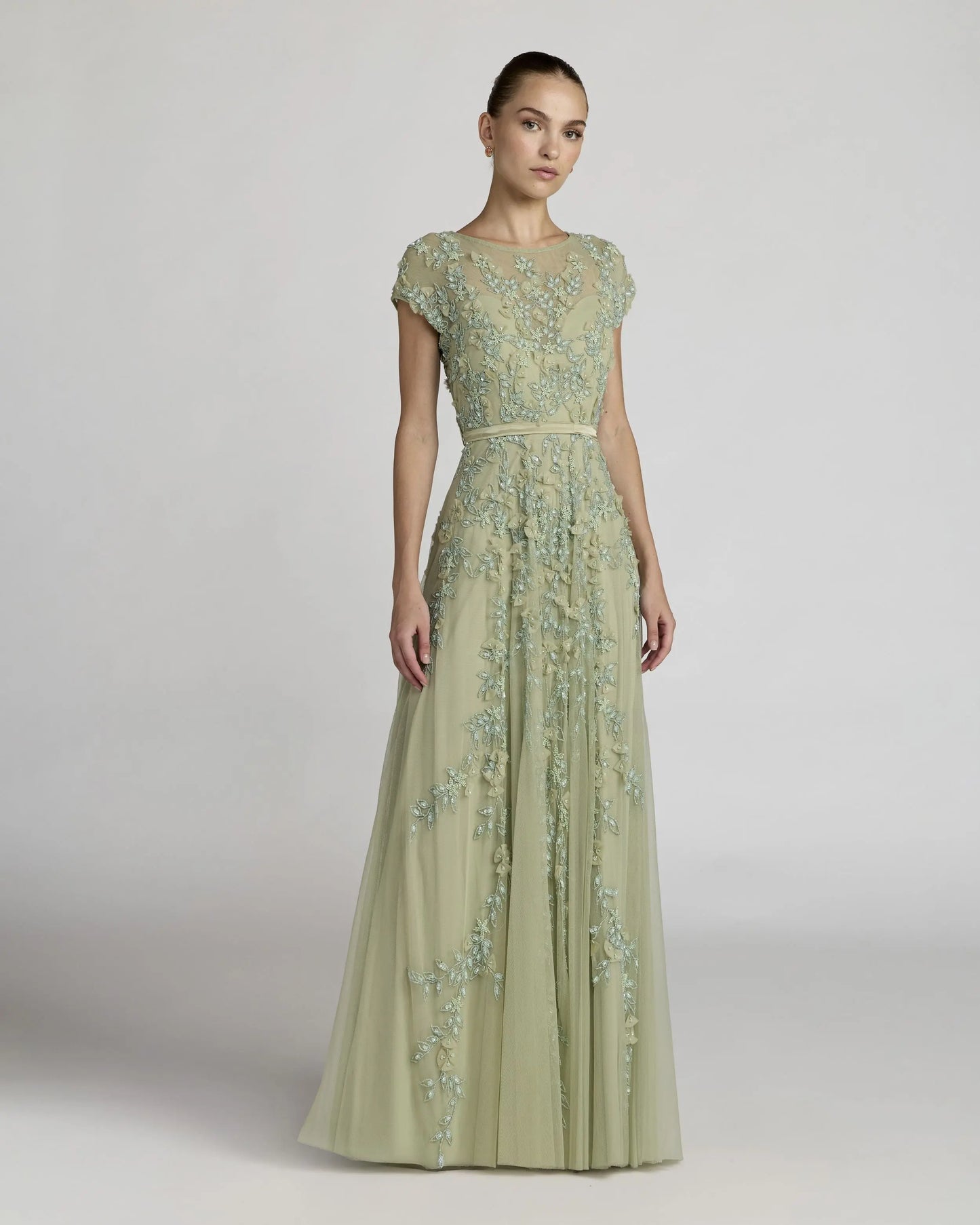 Green Floral Embellished Cap Sleeve Gown Mac Duggal