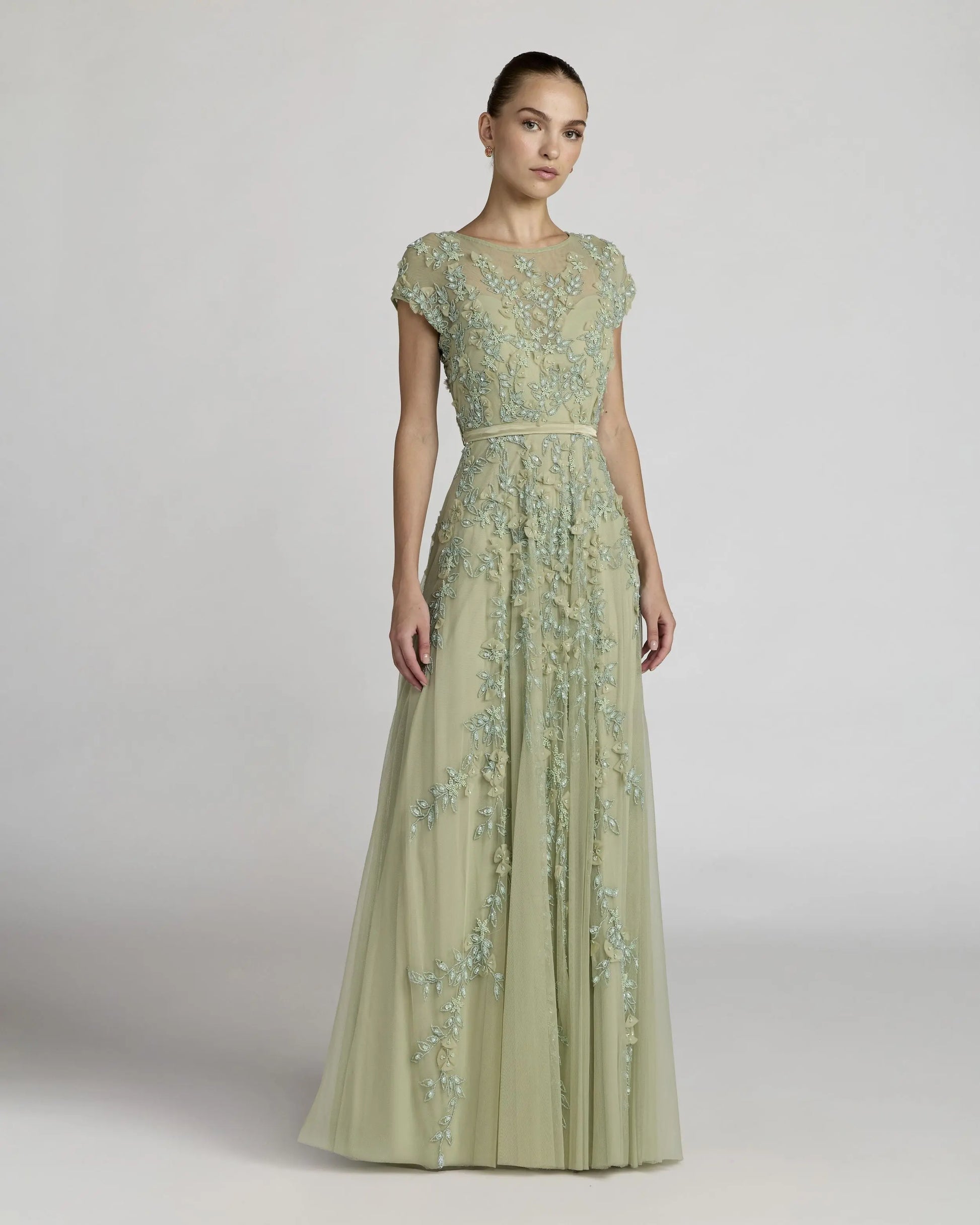 Green Floral Embellished Cap Sleeve Gown Mac Duggal