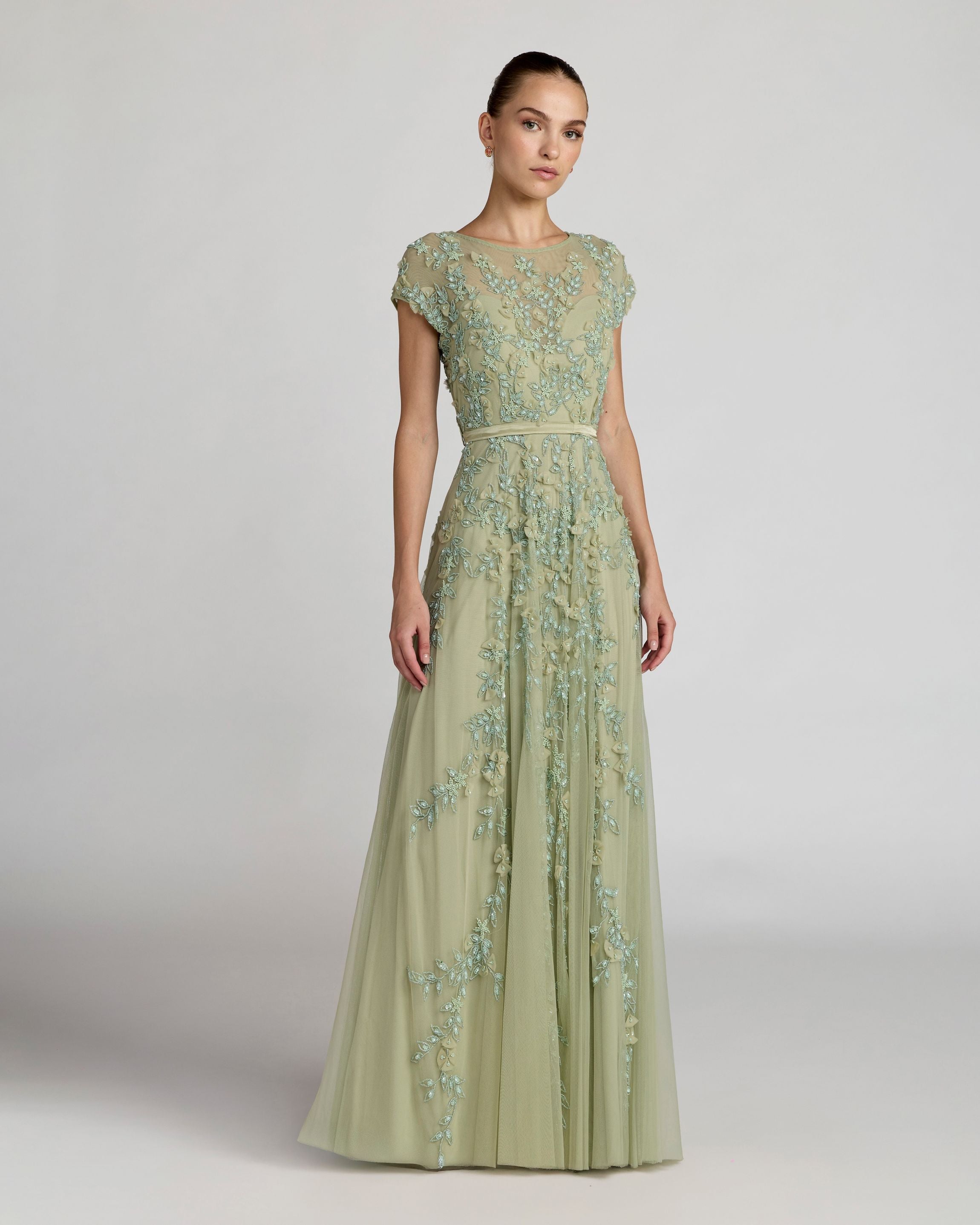 Green Floral Embellished Cap Sleeve Gown Mac Duggal