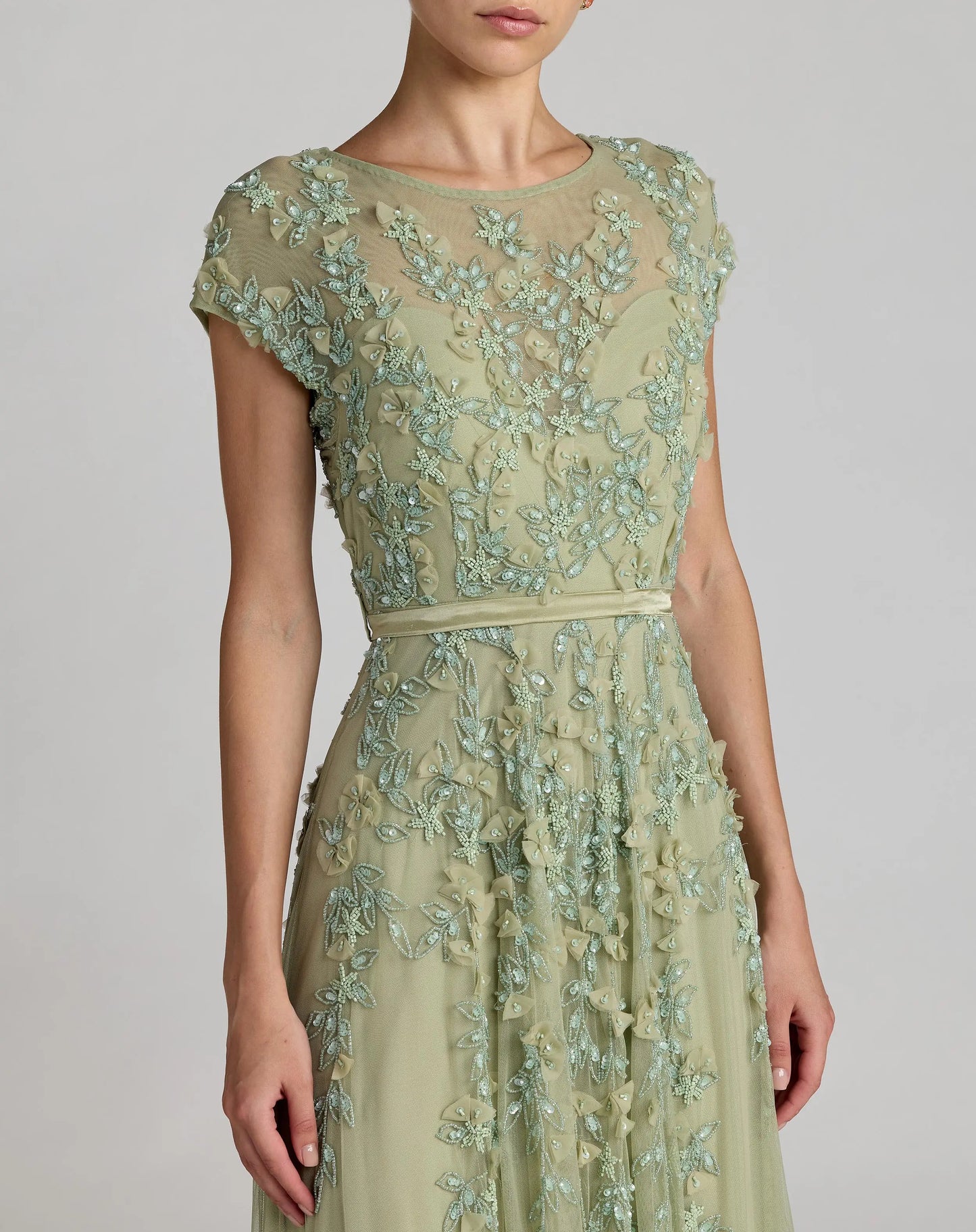 Green Floral Embellished Cap Sleeve Gown Mac Duggal