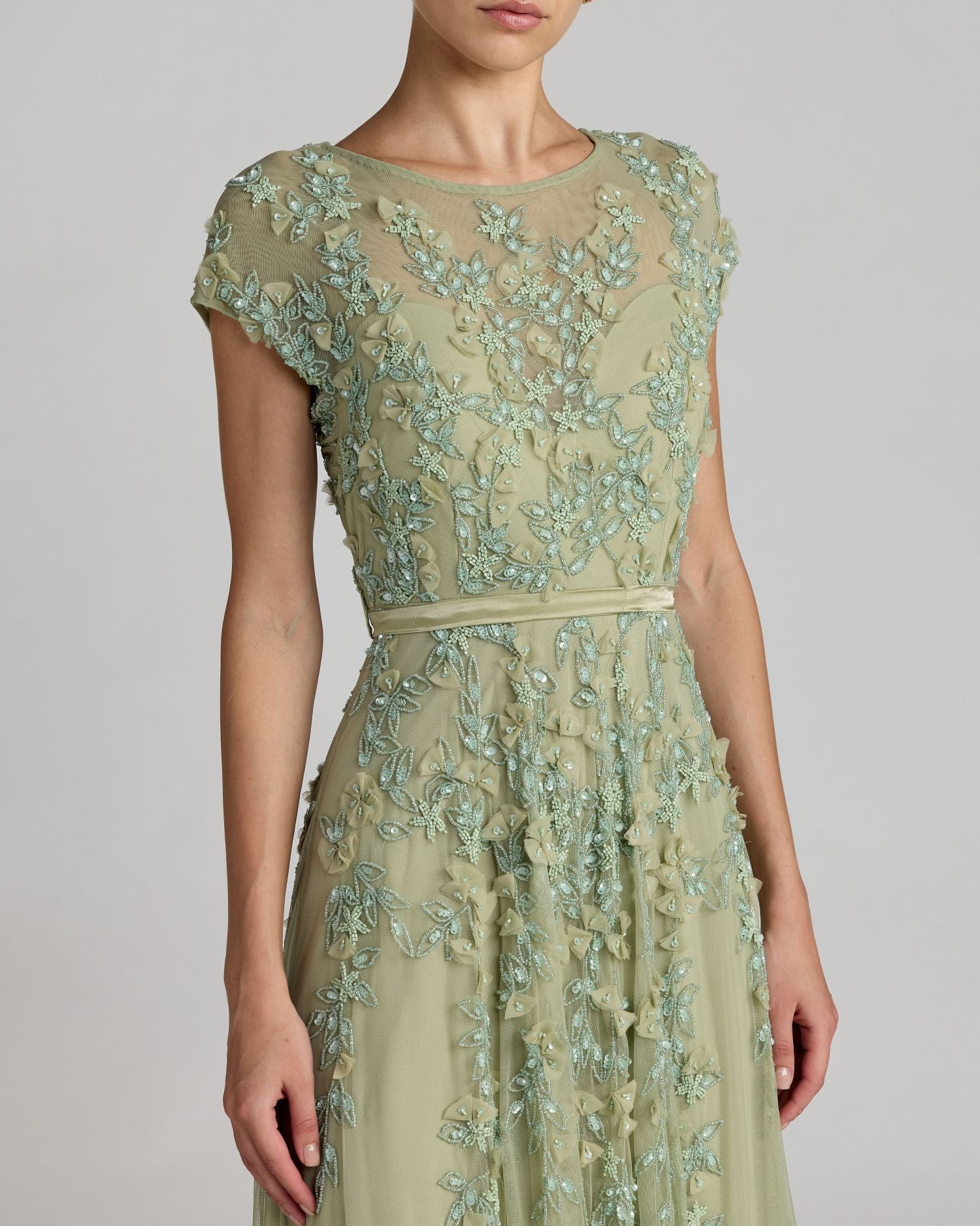 Green Floral Embellished Cap Sleeve Gown Mac Duggal