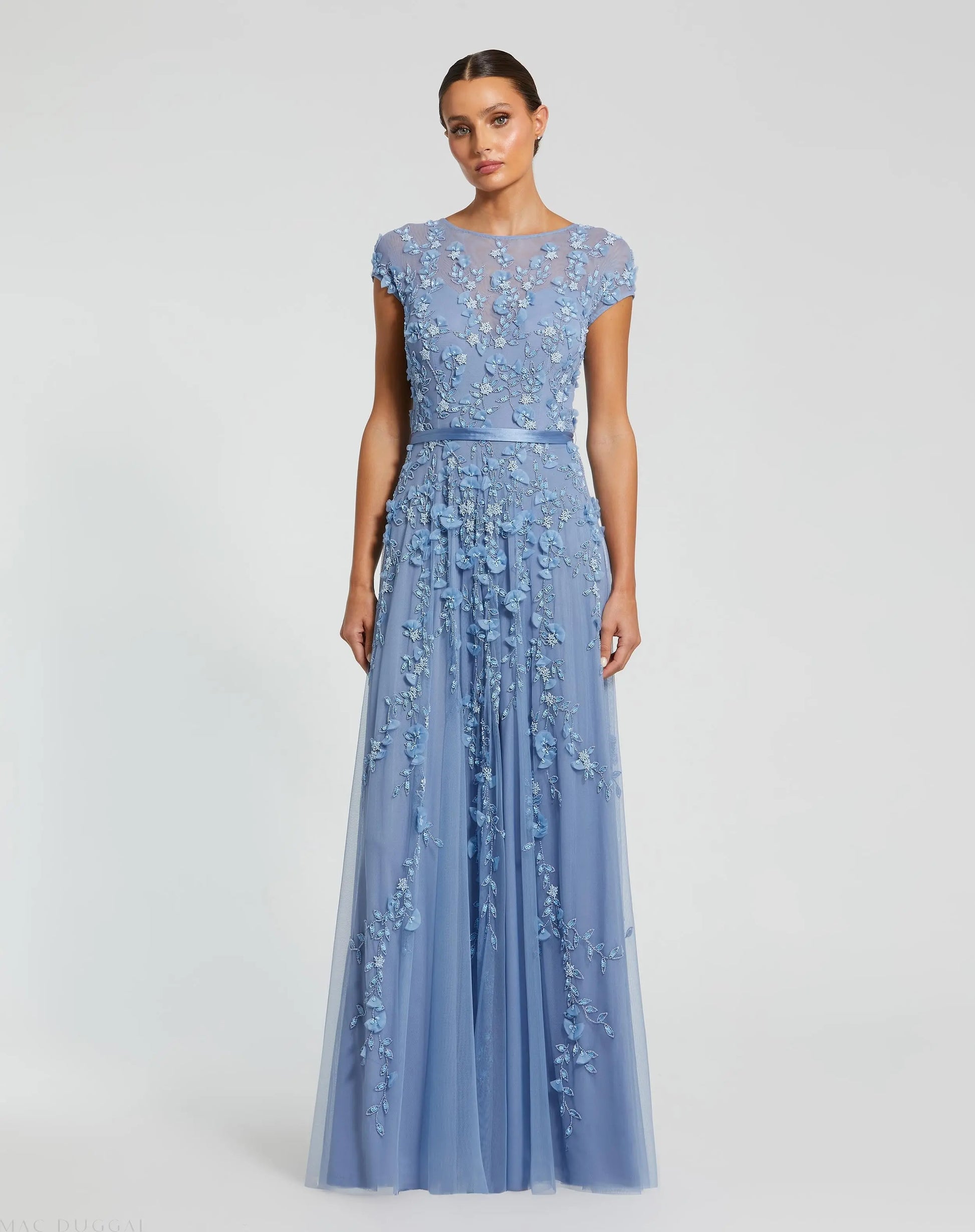 Blue Floral Embellished Cap Sleeve Gown | Mac Duggal Blue Floral Embellished Cap Sleeve Gown | Mac Duggal