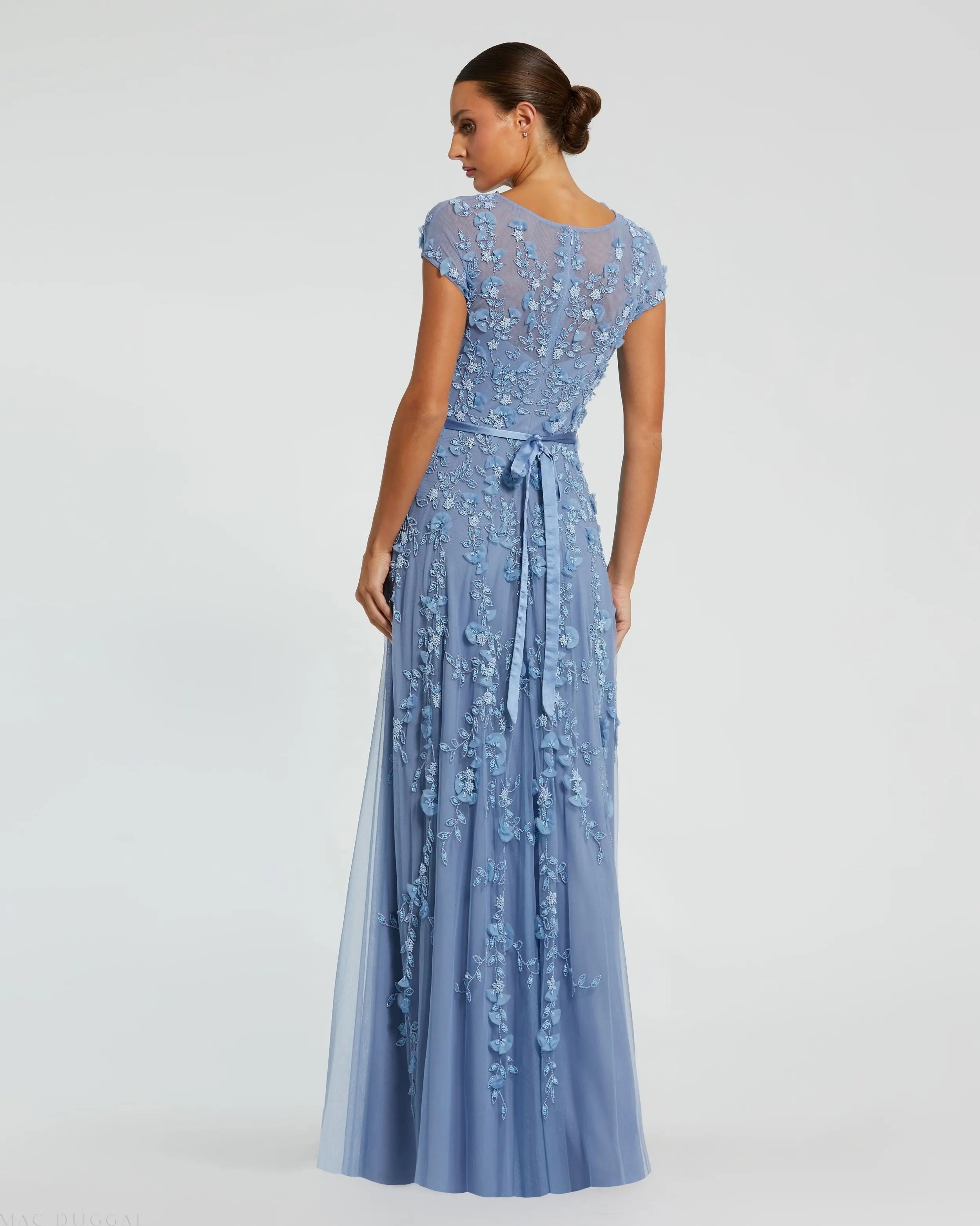 Blue Floral Embellished Cap Sleeve Gown - Mac Duggal