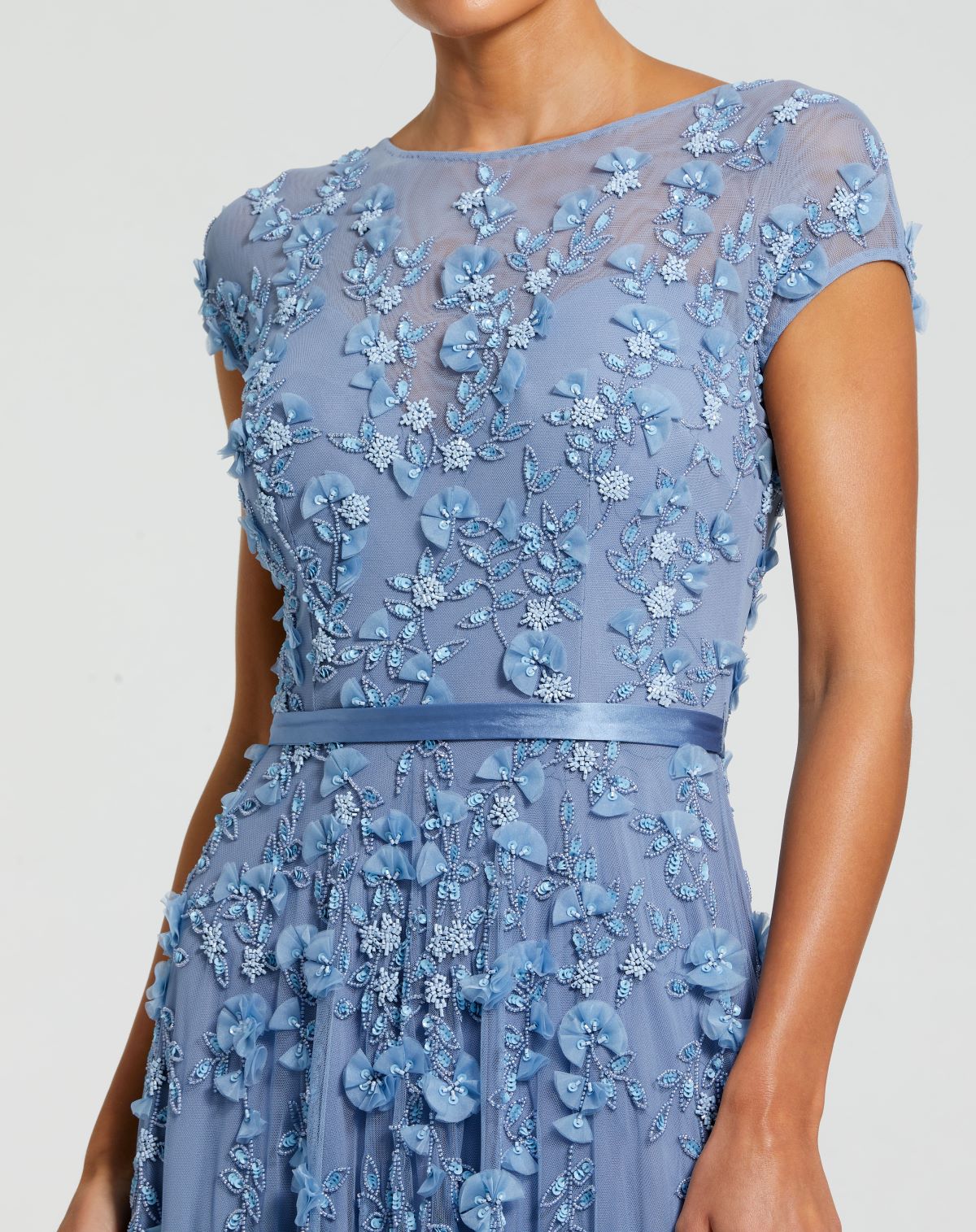 Blue Floral Embellished Short Sleeve Mesh Gown