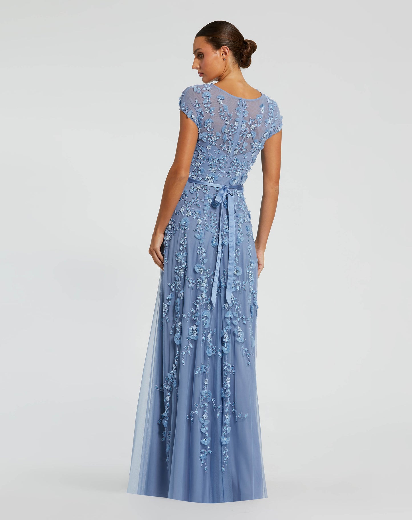 Blue Floral Embellished Short Sleeve Mesh Gown