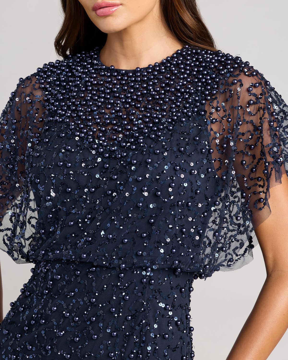 Navy High Neck Short Sleeve Embellished Gown - Mac Duggal