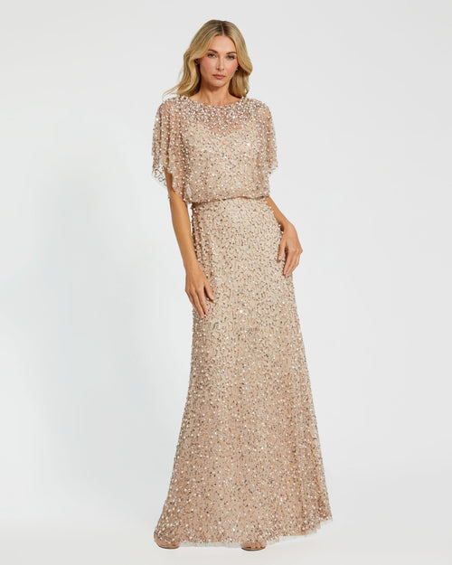 Beaded Mesh Gown With Shawl